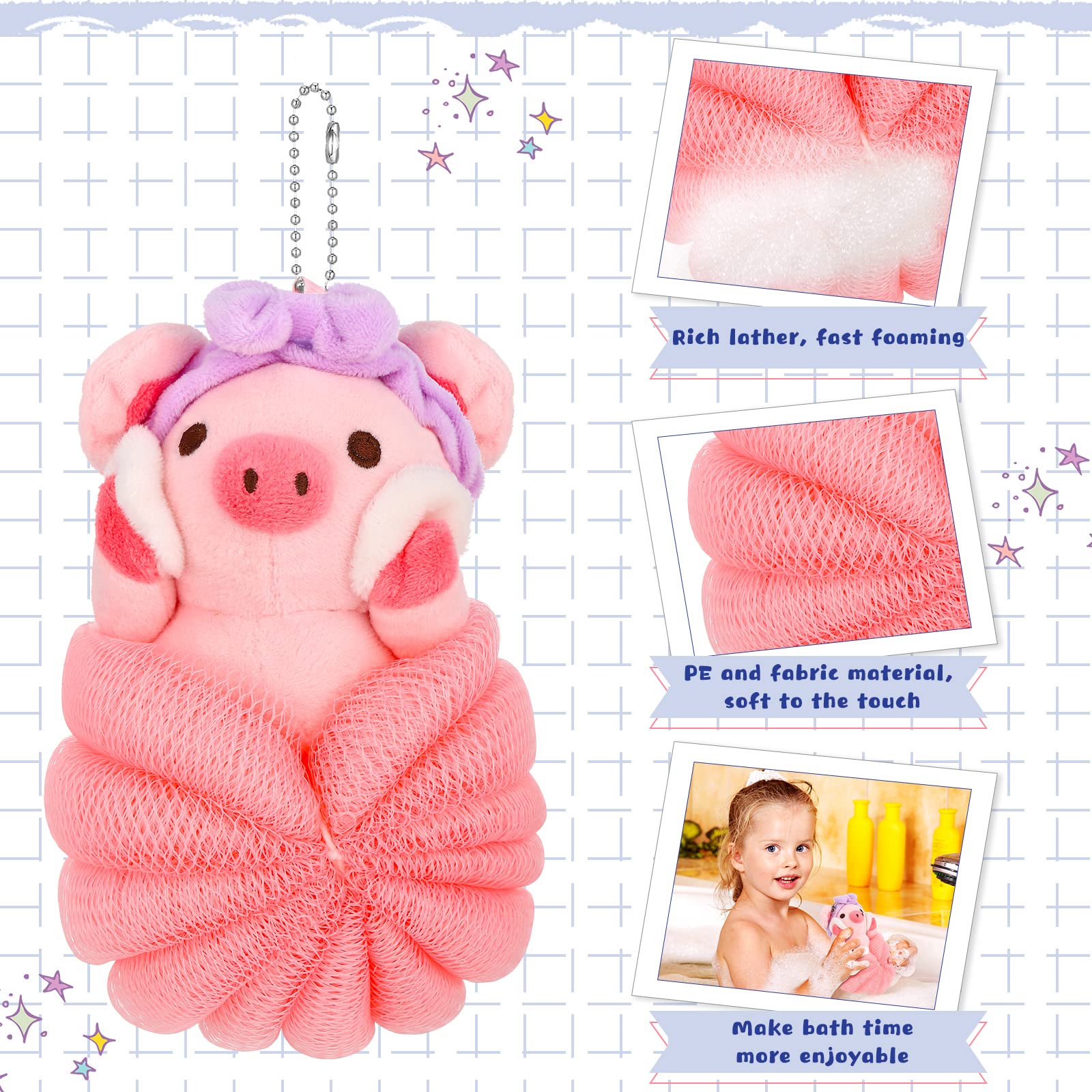 Vesici kids loofah cow-style delivers soft cleansing during bath routines