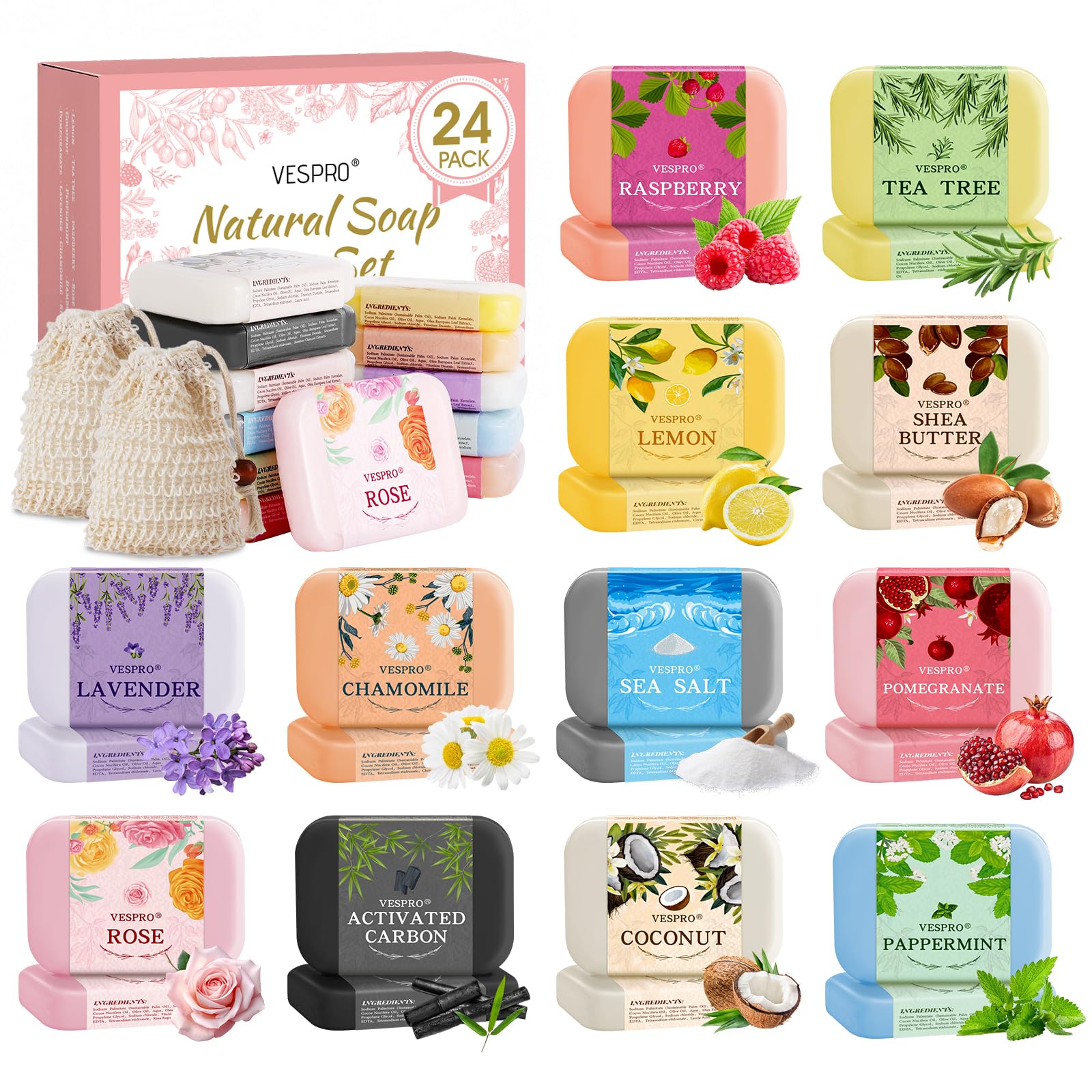 VESPRO 24-pack gift kit with olive extract and assorted scents for daily cleansing.