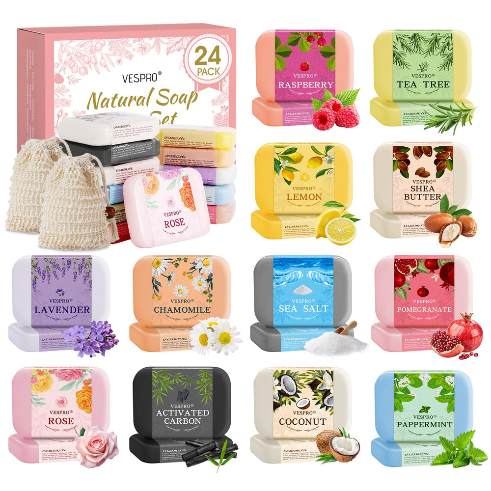 VESPRO 24-pack gift kit with olive extract and assorted scents for daily cleansing.