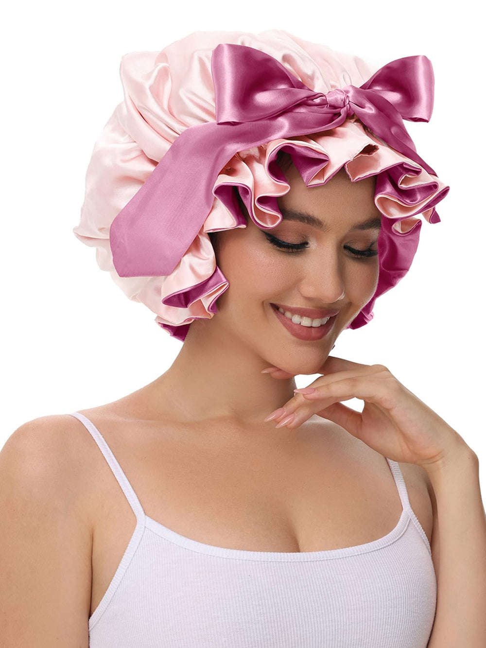 Vettres pink satin bonnet ideal for curly and long hair protection.