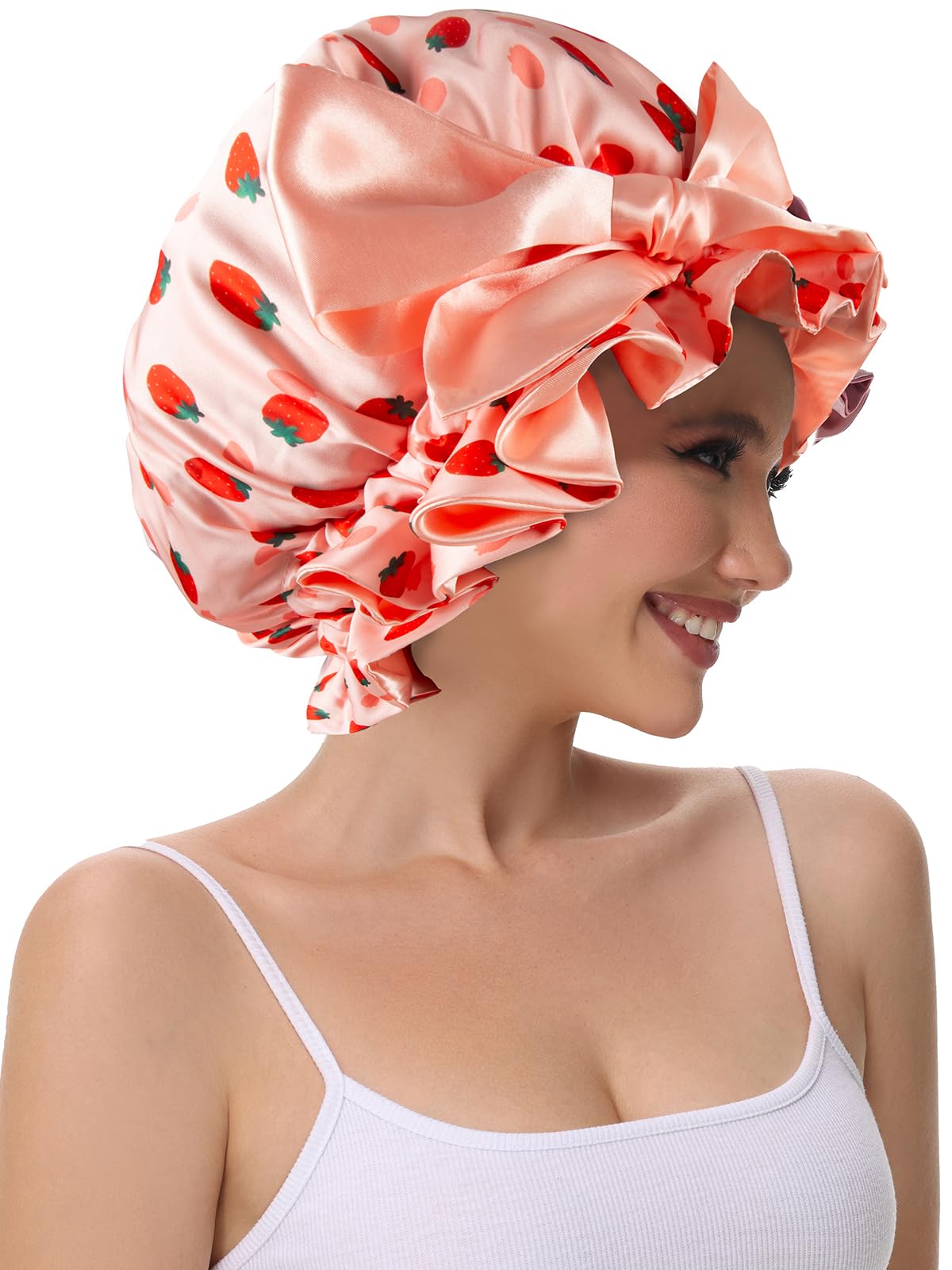 Vettres strawberry-pattern bonnet adds a playful, stylish touch