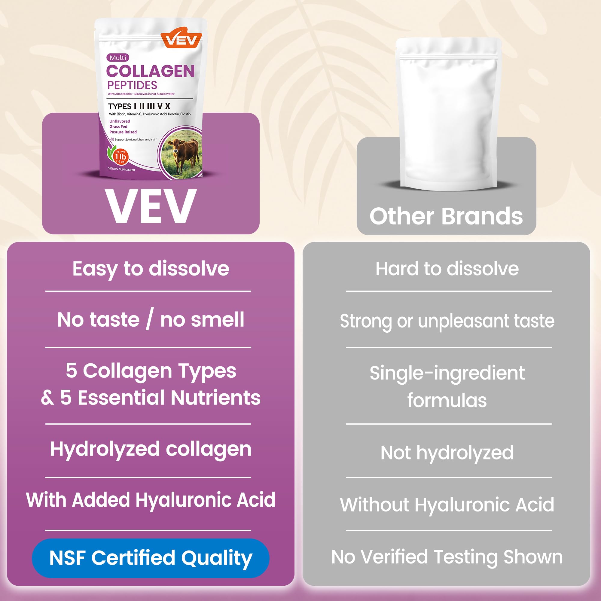 VEV label closeup with NSF logo confirming third-party tested quality