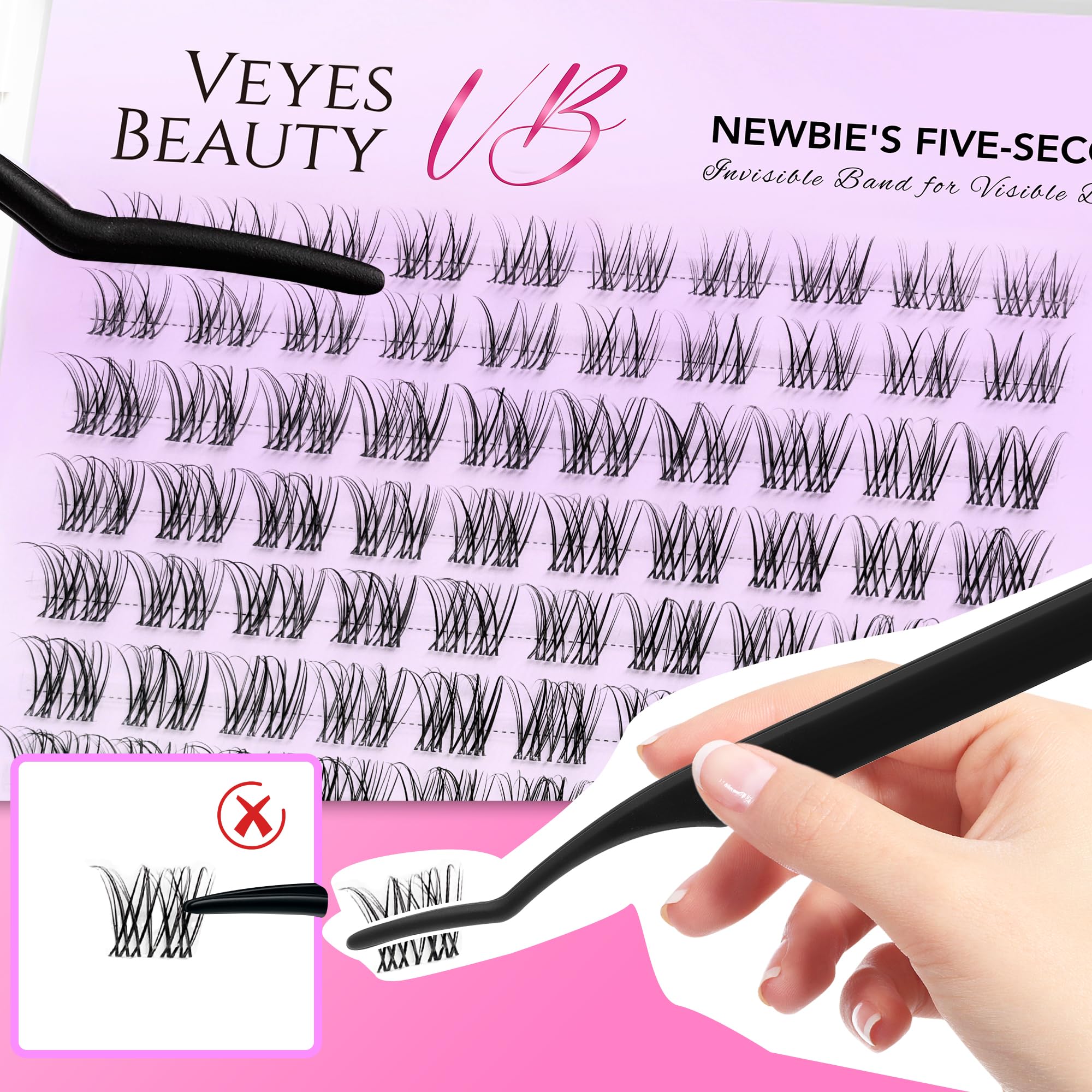 VEYESBEAUTY full-volume lash look achieved with fewer clusters and fluffy fibers.