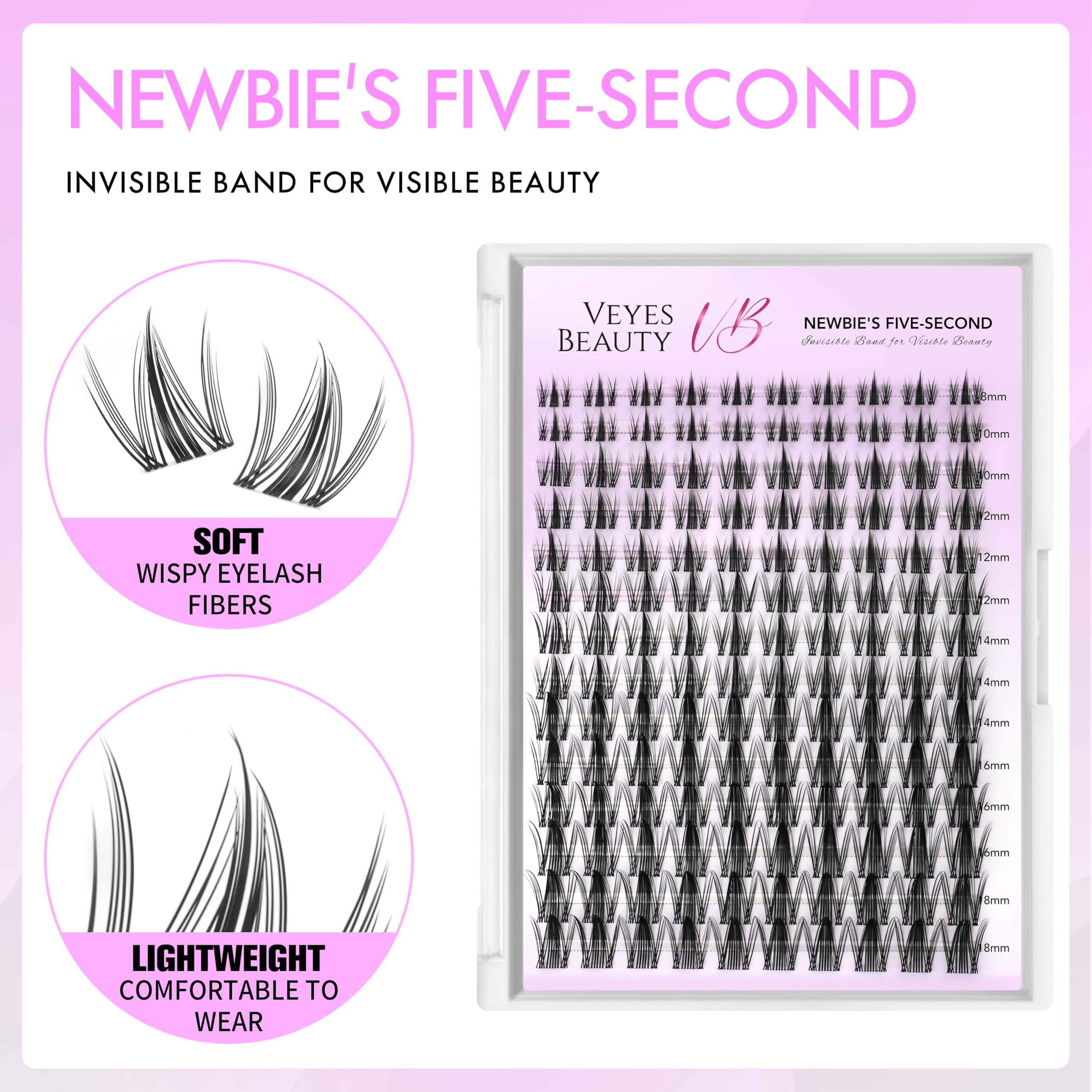 VEYESBEAUTY lash clusters close-up highlights soft PBT fibers for comfortable wear.