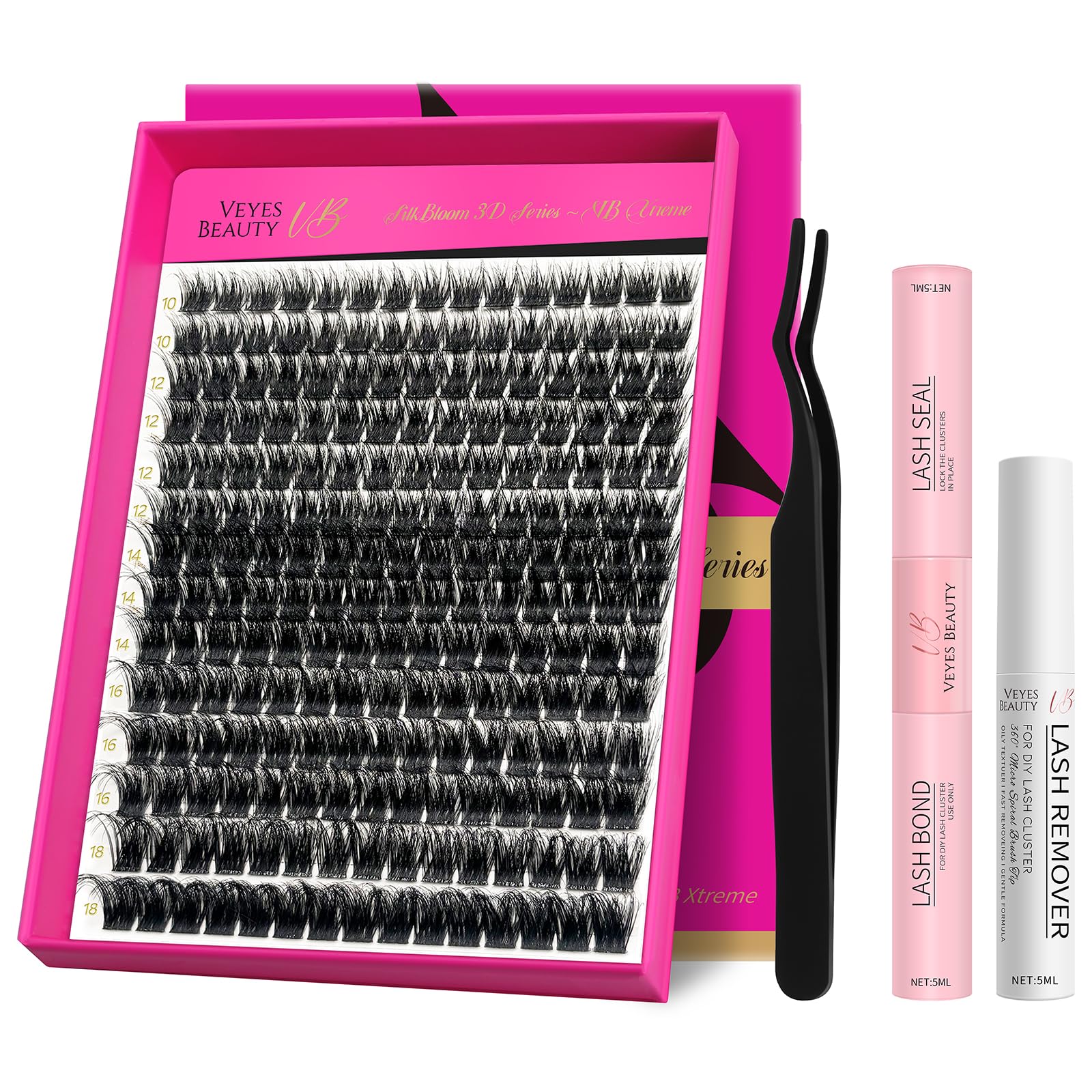 VEYESBEAUTY lash clusters kit extreme 3D layers closeup for fluffy, lightweight volume.