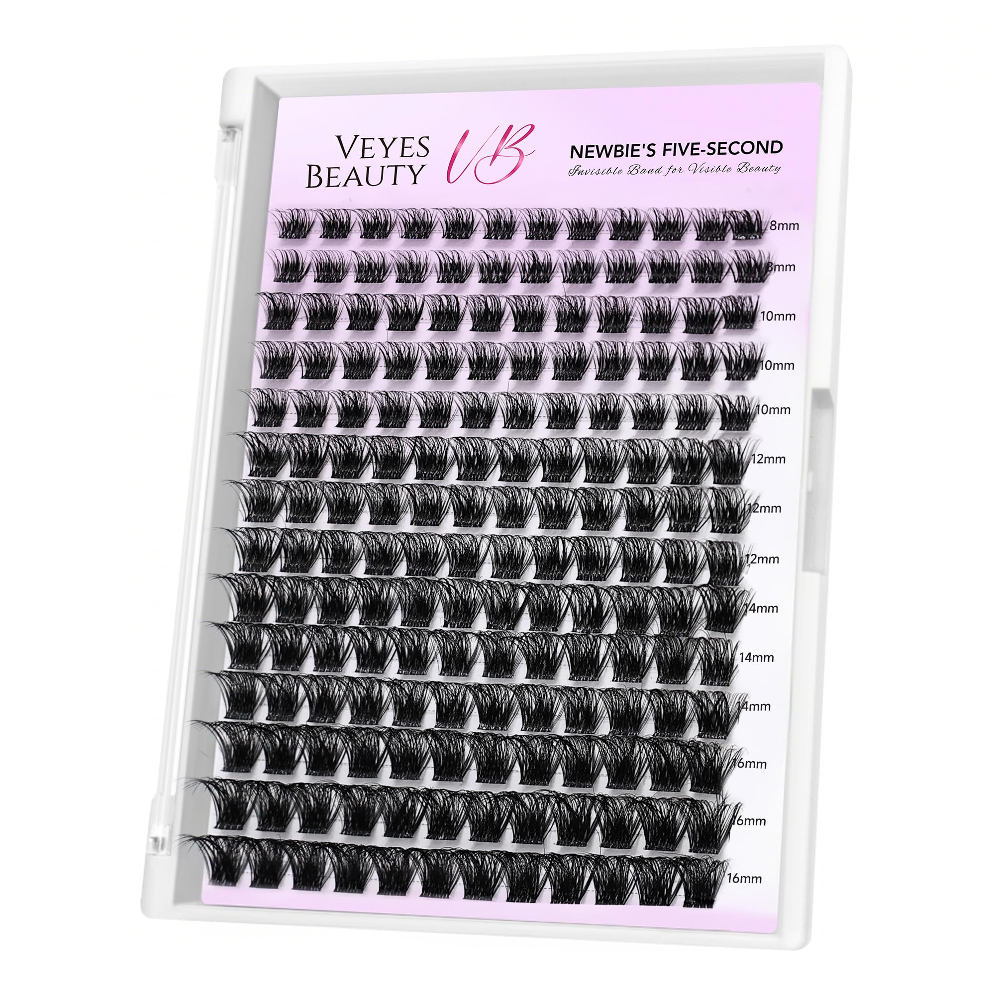 VEYESBEAUTY Siren clusters on a lash tray with mixed lengths for customizable volume.