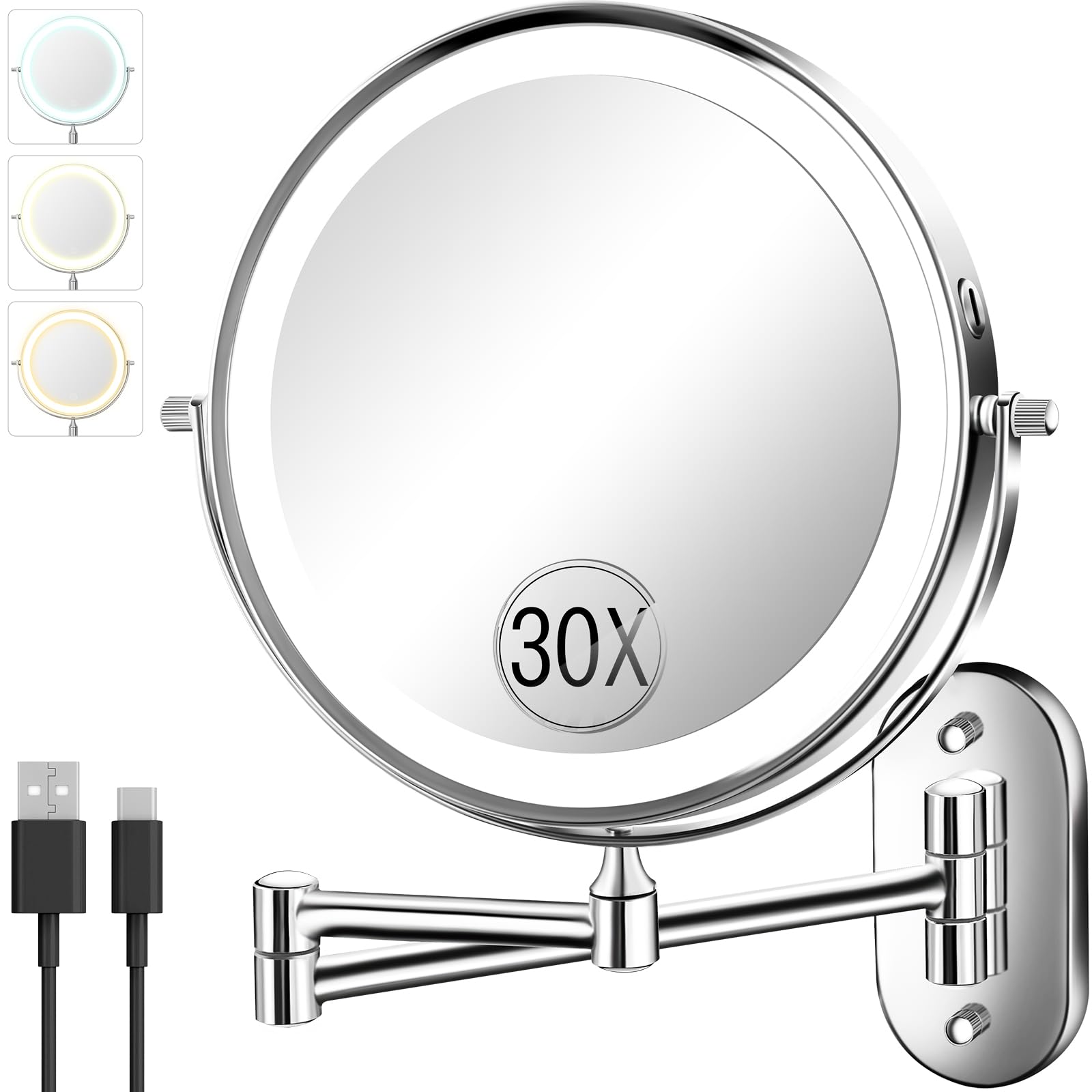 VFD 30x-1x magnification wall-mounted makeup mirror front view for precise detail