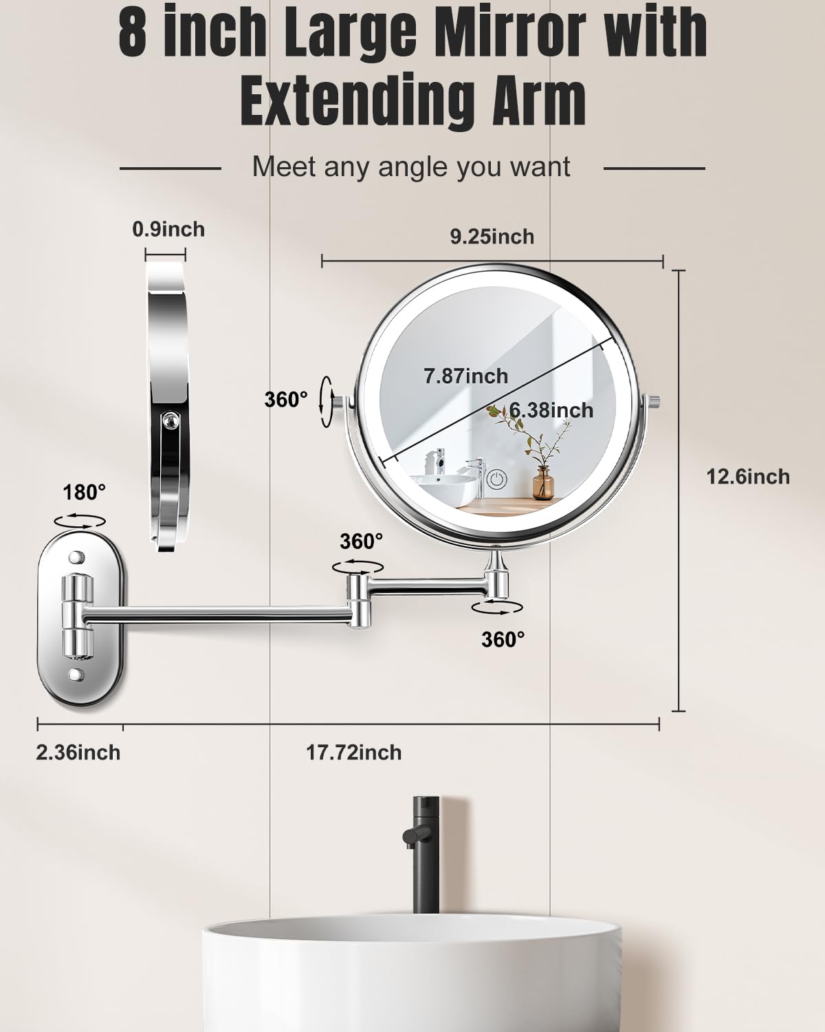 VFD 3500mAh rechargeable battery keeps the mirror cordless during grooming