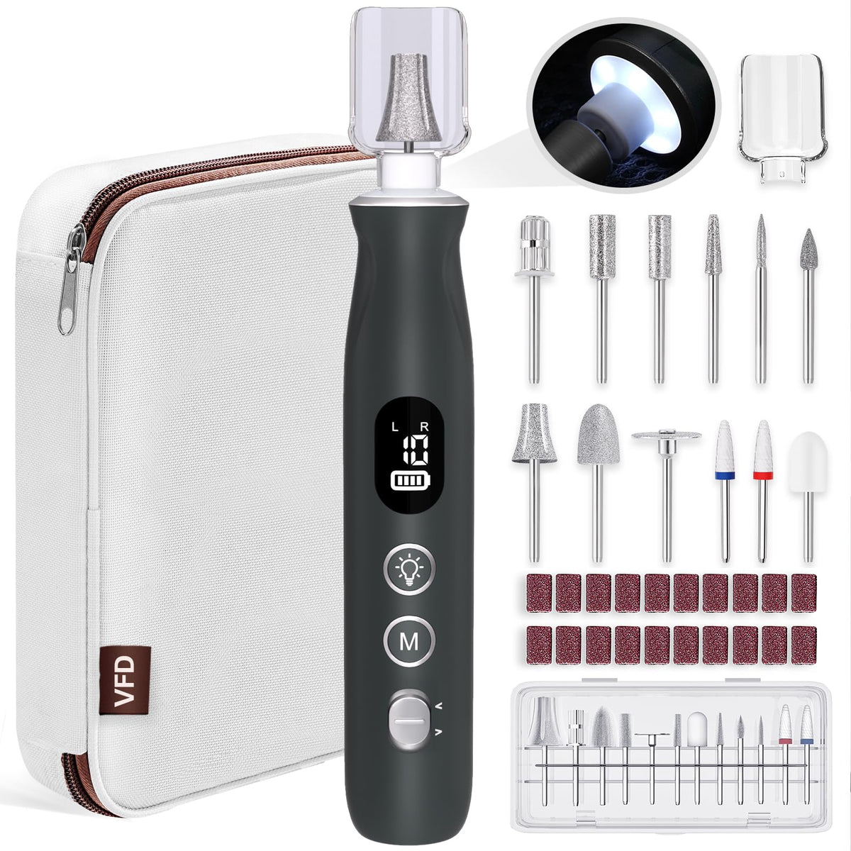 VFD electric nail drill with LED light for precise shaping at home.