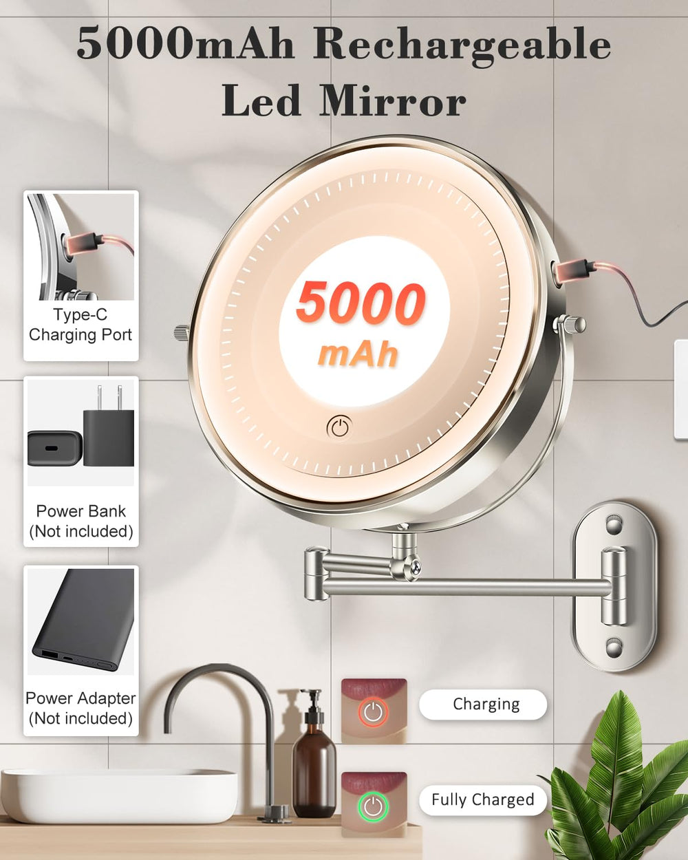 VFD gift-ready wall-mount makeup mirror for home or hospitality use.