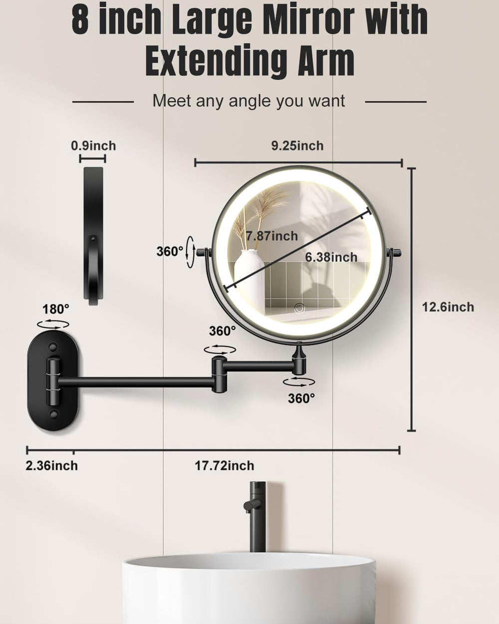 VFD lighted makeup mirror shows 3-color lighting for true-to-tone makeup