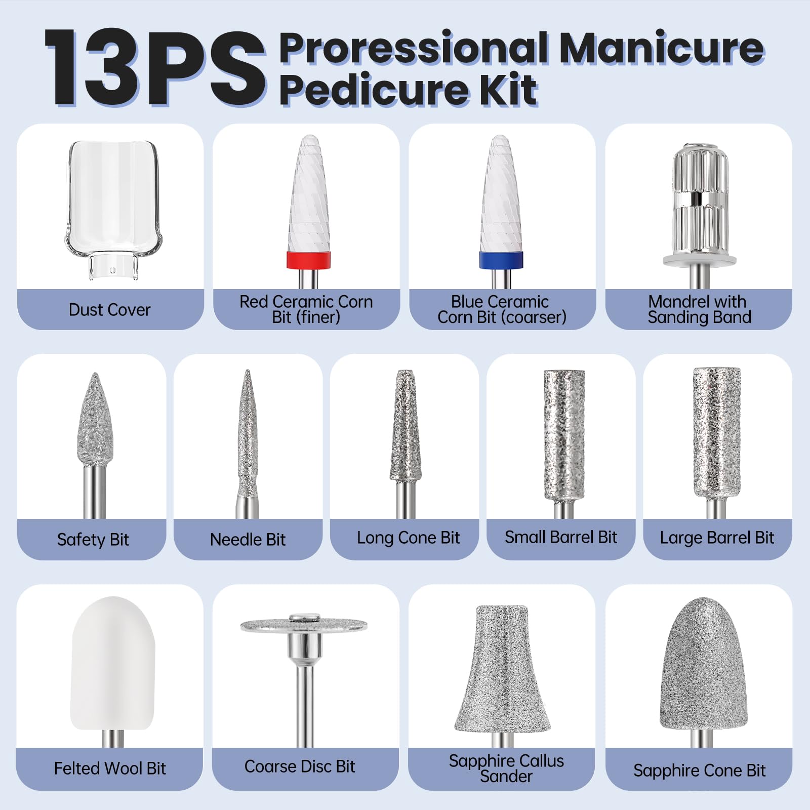 VFD nail drill 12-in-1 kit includes grinding heads and other tools.