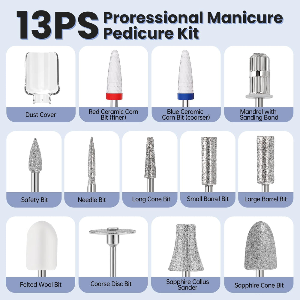 VFD nail drill 12-in-1 kit includes grinding heads and other tools.