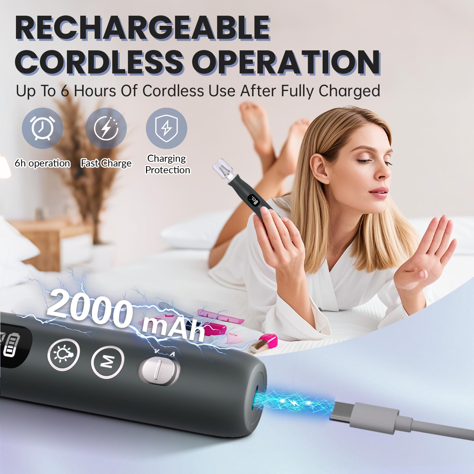VFD nail drill features a 2000mAh rechargeable battery for longer sessions.
