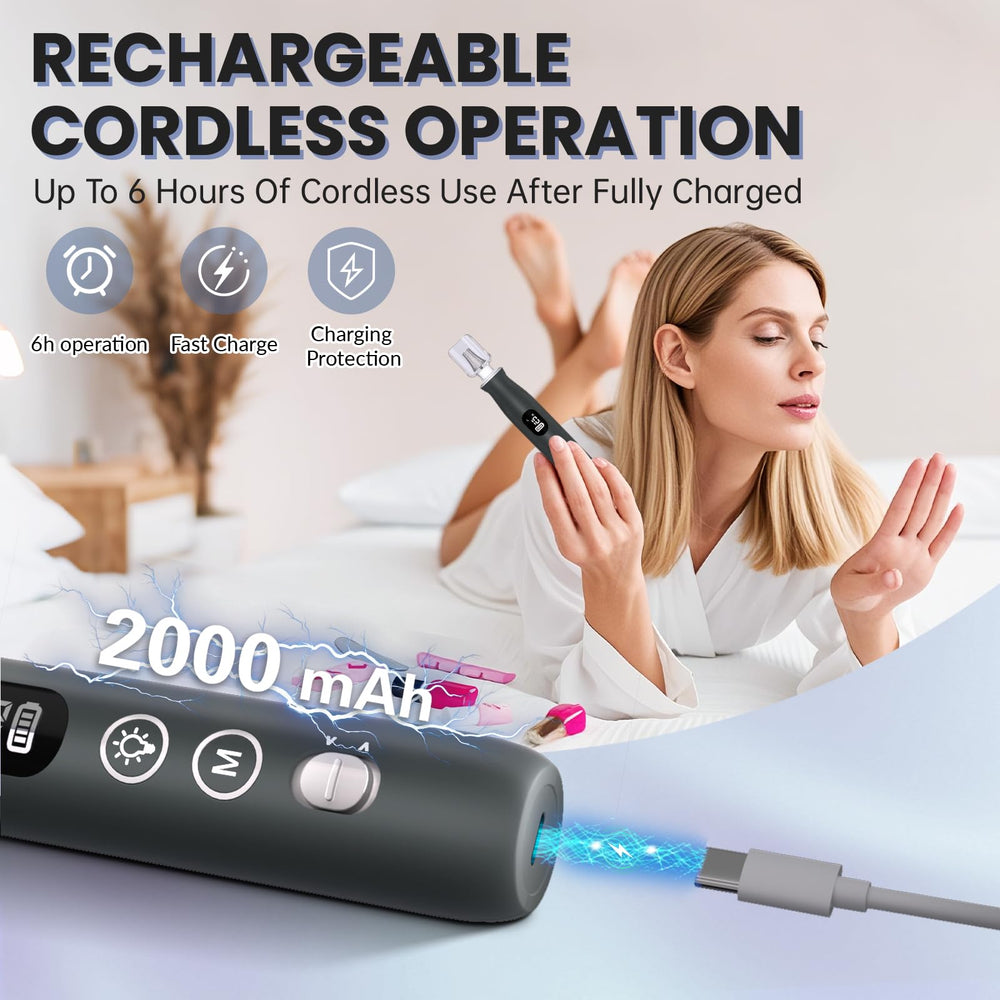 VFD nail drill features a 2000mAh rechargeable battery for longer sessions.