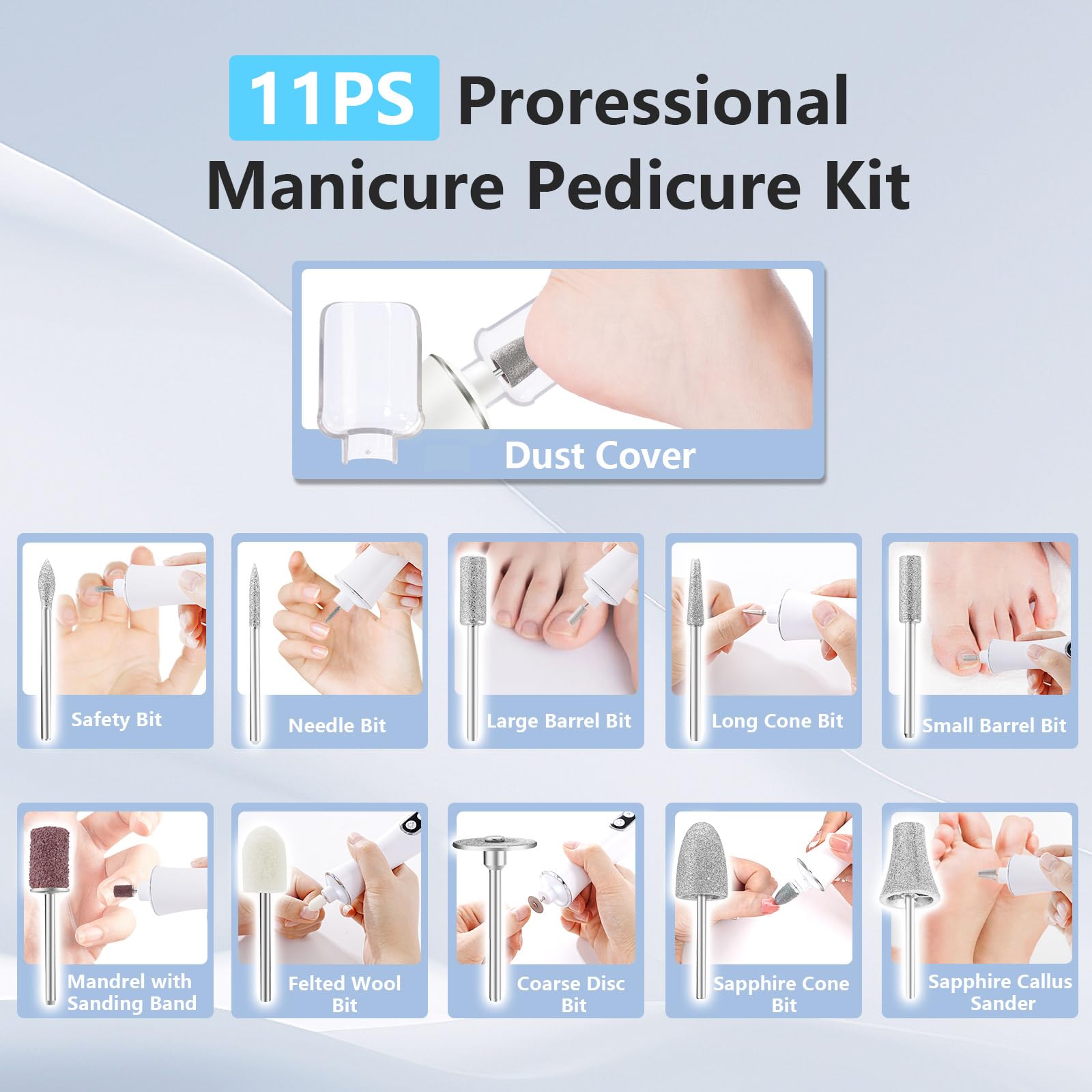 VFD nail drill accessories included illustrate a complete at-home manicure kit.