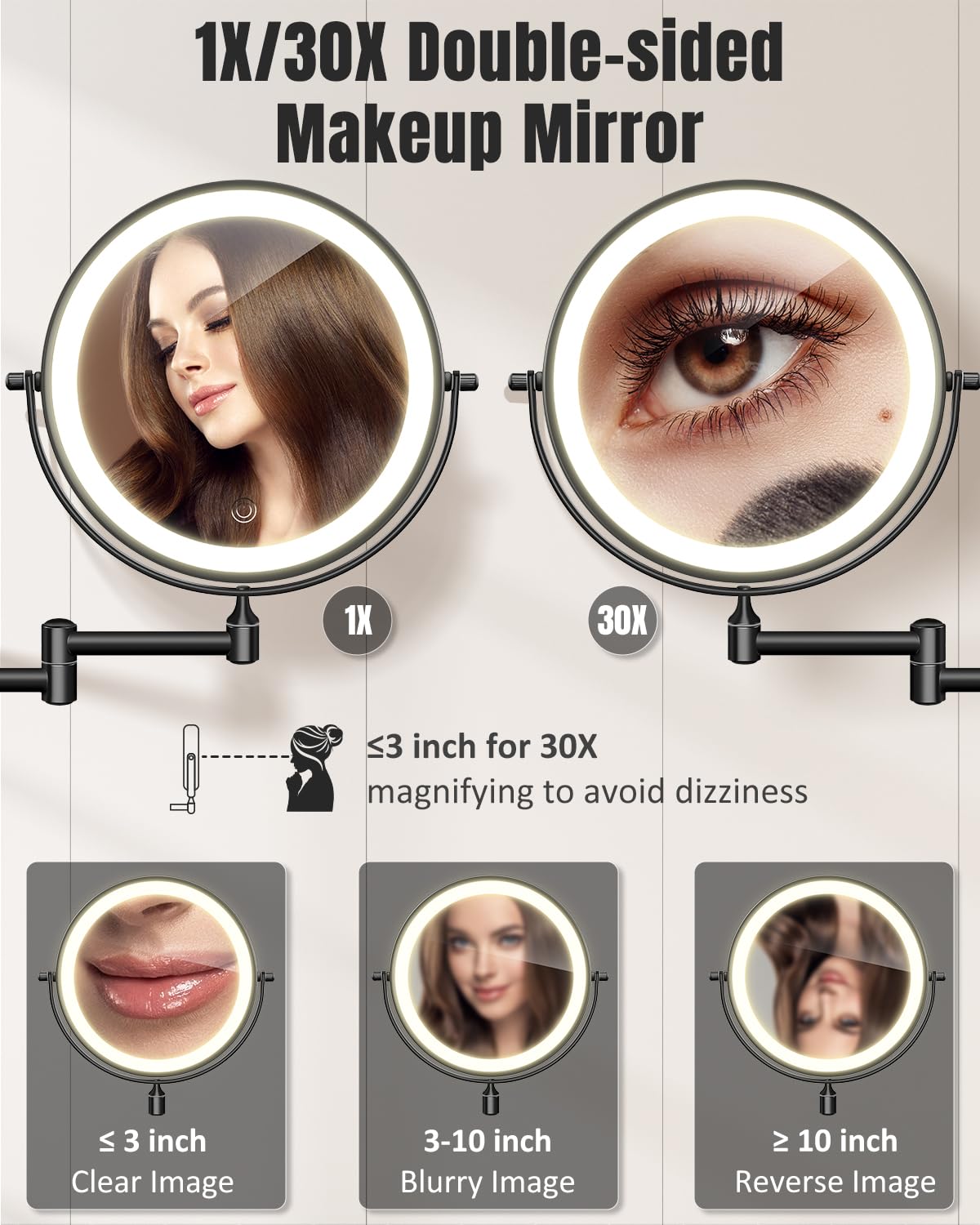VFD rechargeable mirror with USB Type-C for cord-free convenience