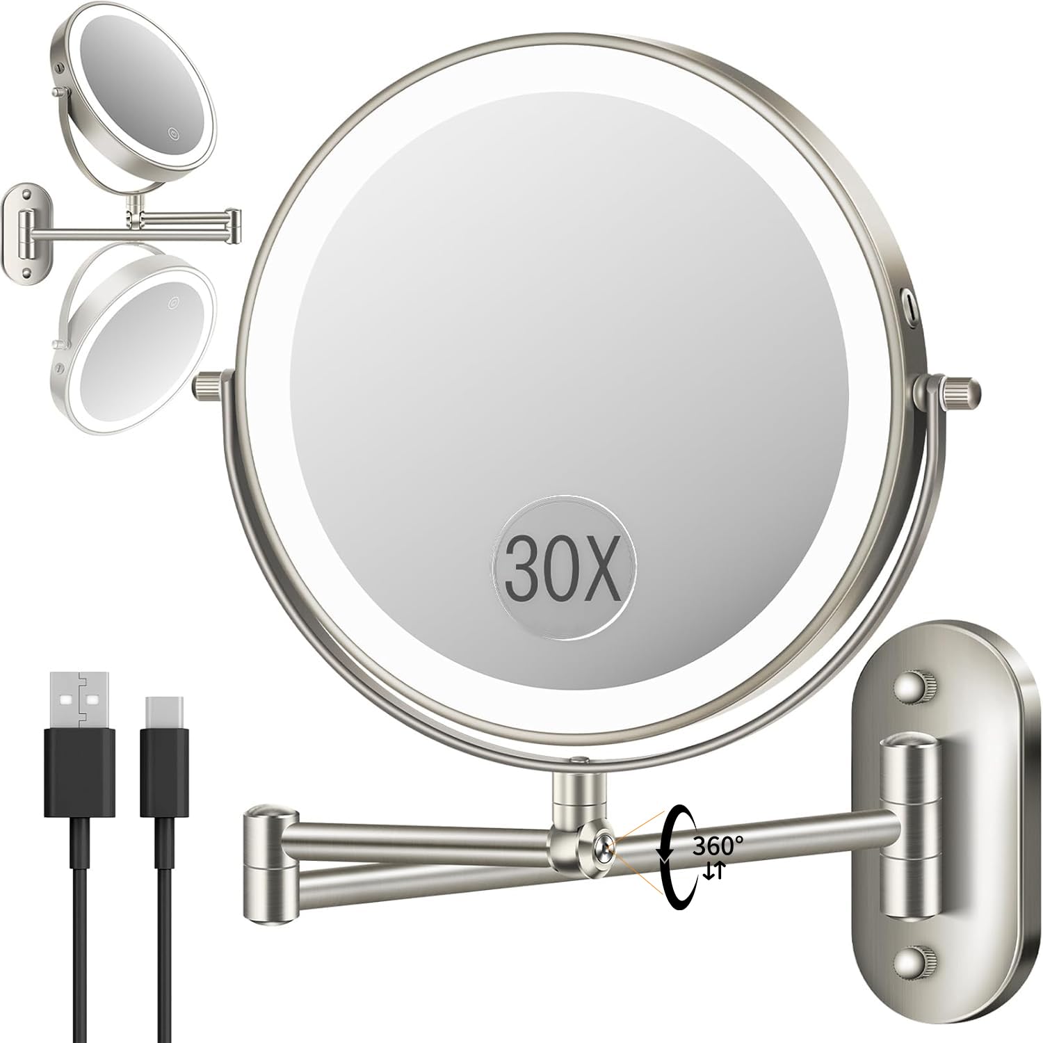VFD wall-mounted makeup mirror with 30X/1X magnification for precise grooming.