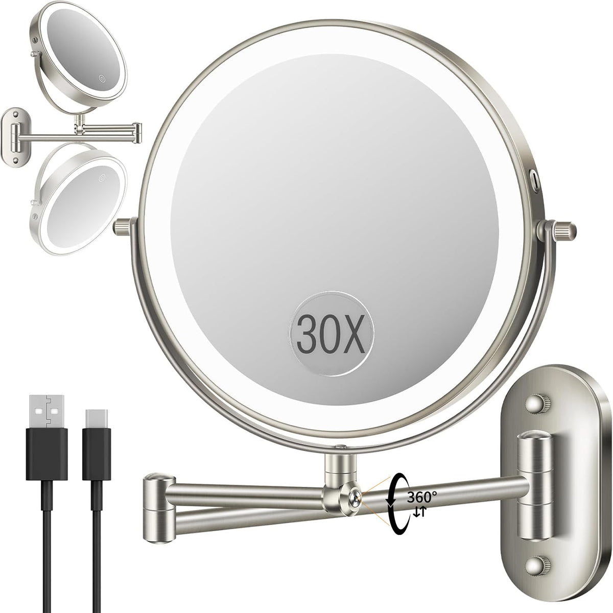VFD wall-mounted makeup mirror with 30X/1X magnification for precise grooming.