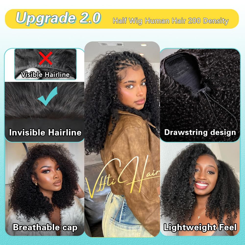 VFFTI glueless cap drawstring half wig demonstrates secure fit without glue.