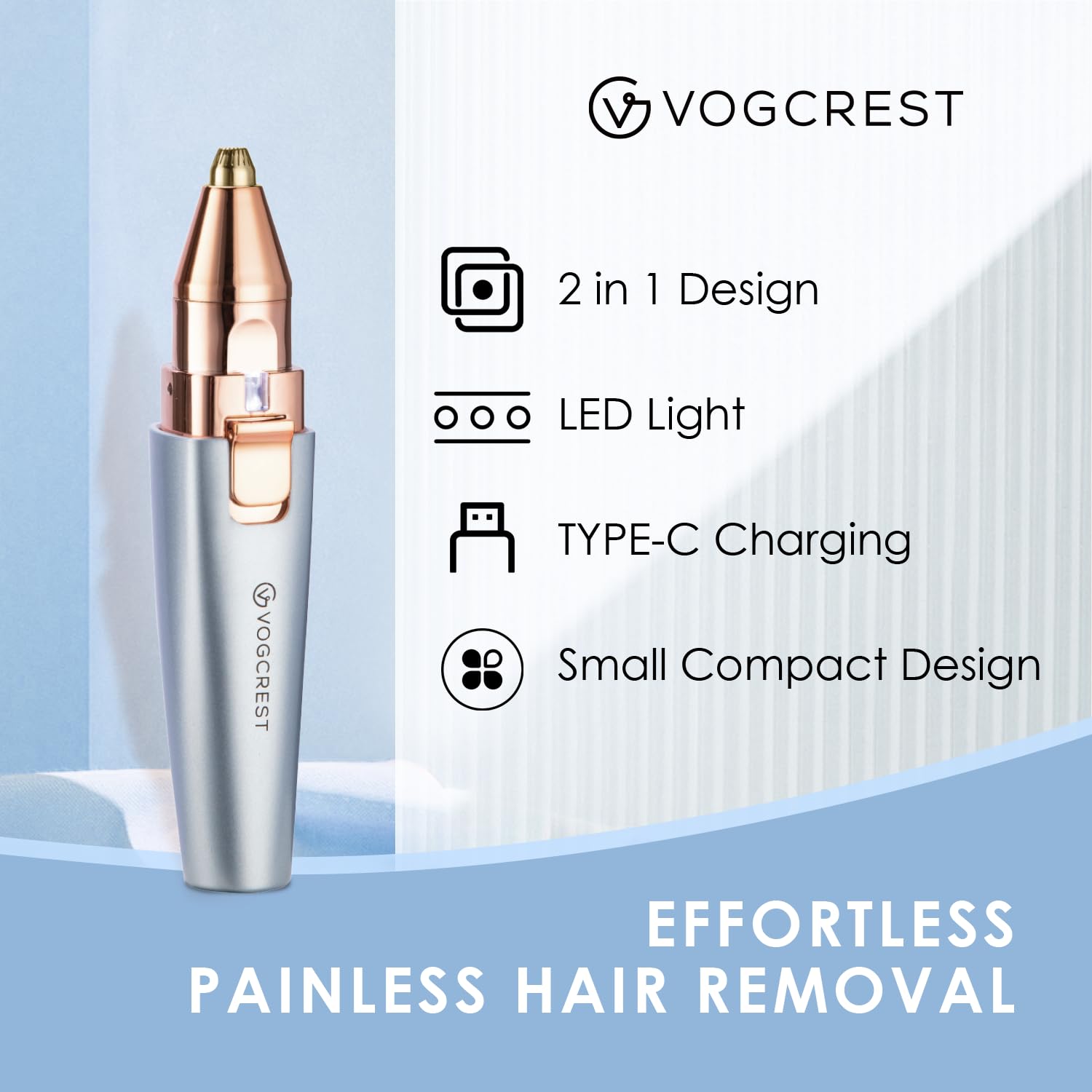 VG VOGCREST Eyebrow & Facial Trimmer close-up head-on for gentle painless hair removal.