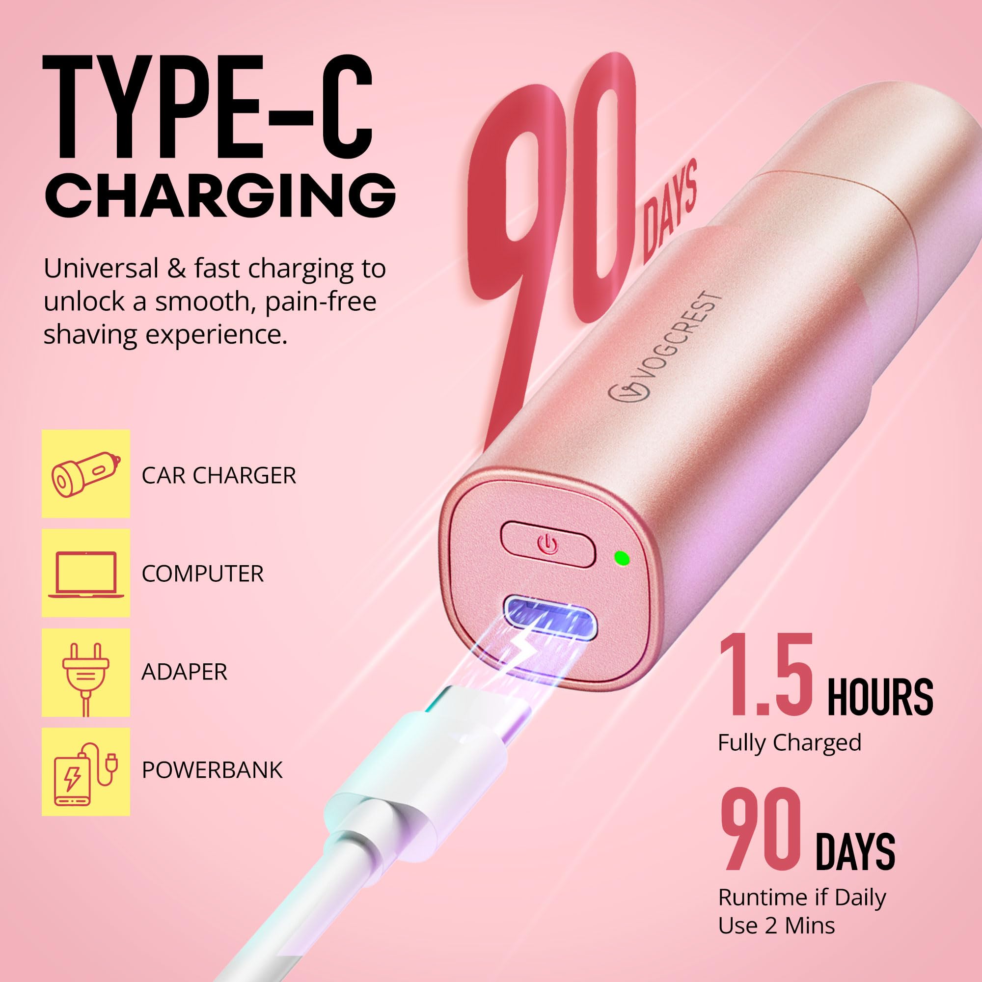 VG VOGCREST nose trimmer rechargeable battery offers up to 180 minutes of cordless use