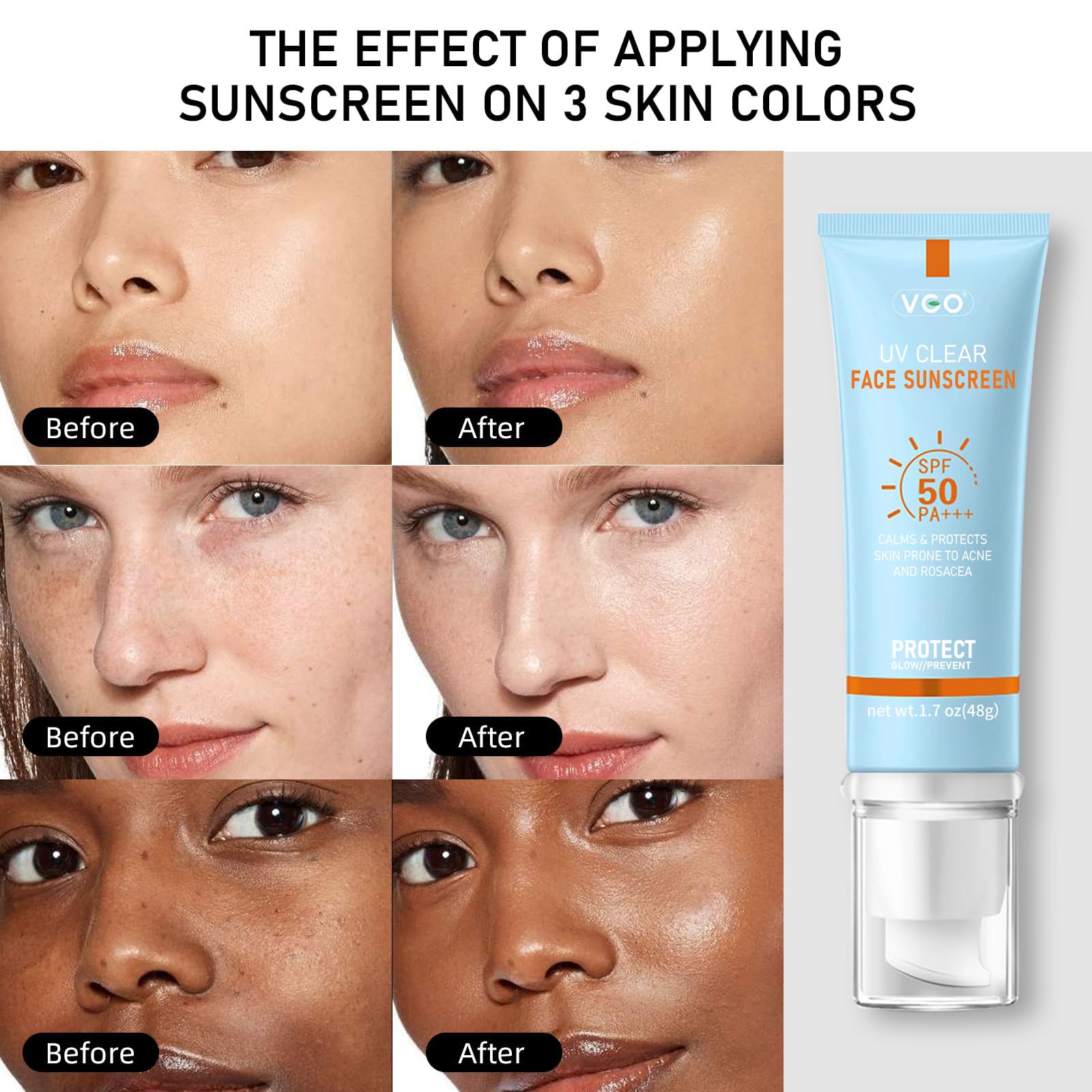 VGO Clear Face Sunscreen SPF 50 shows no white cast on skin.