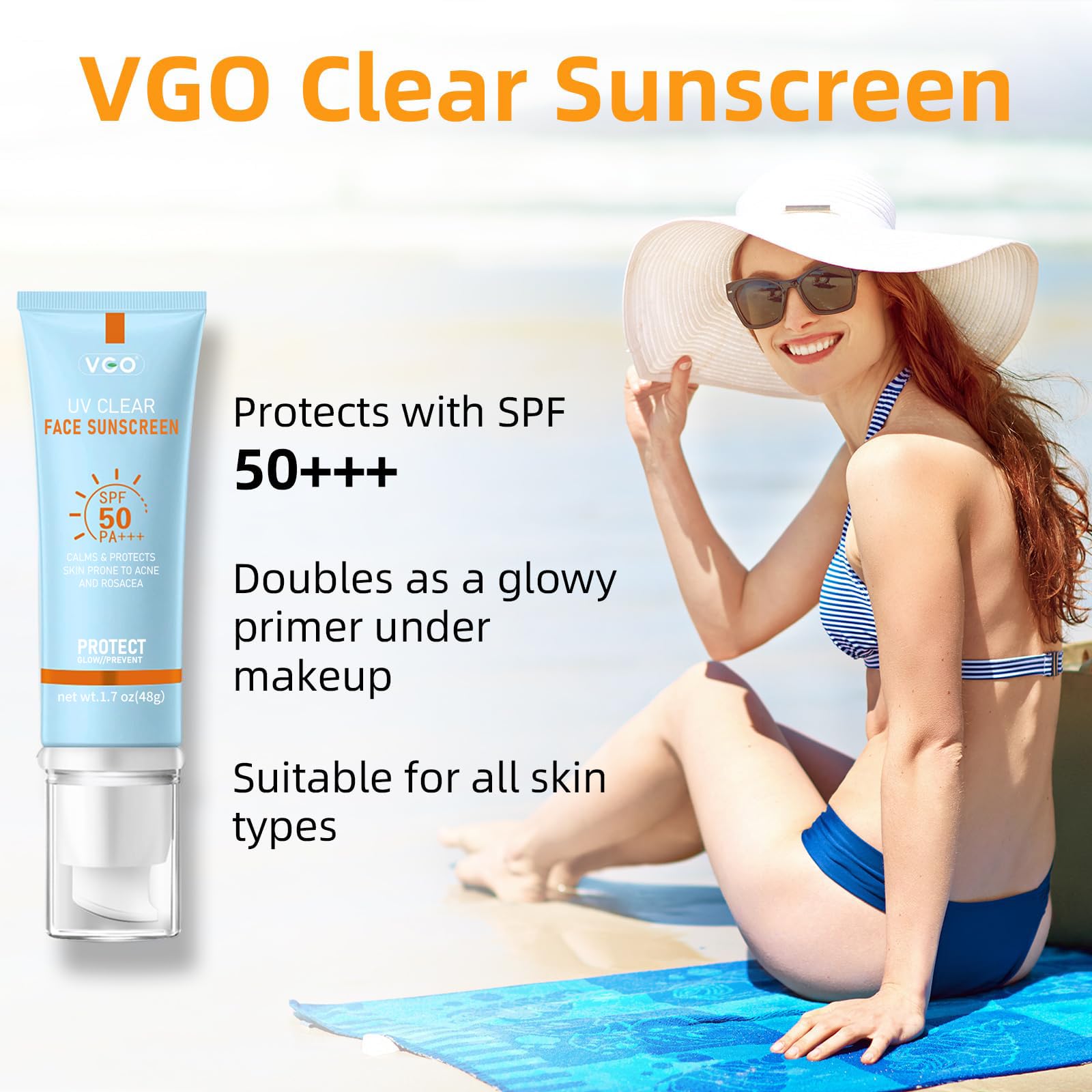VGO Clear Face Sunscreen SPF 50 tinted swatch on skin for natural glow.