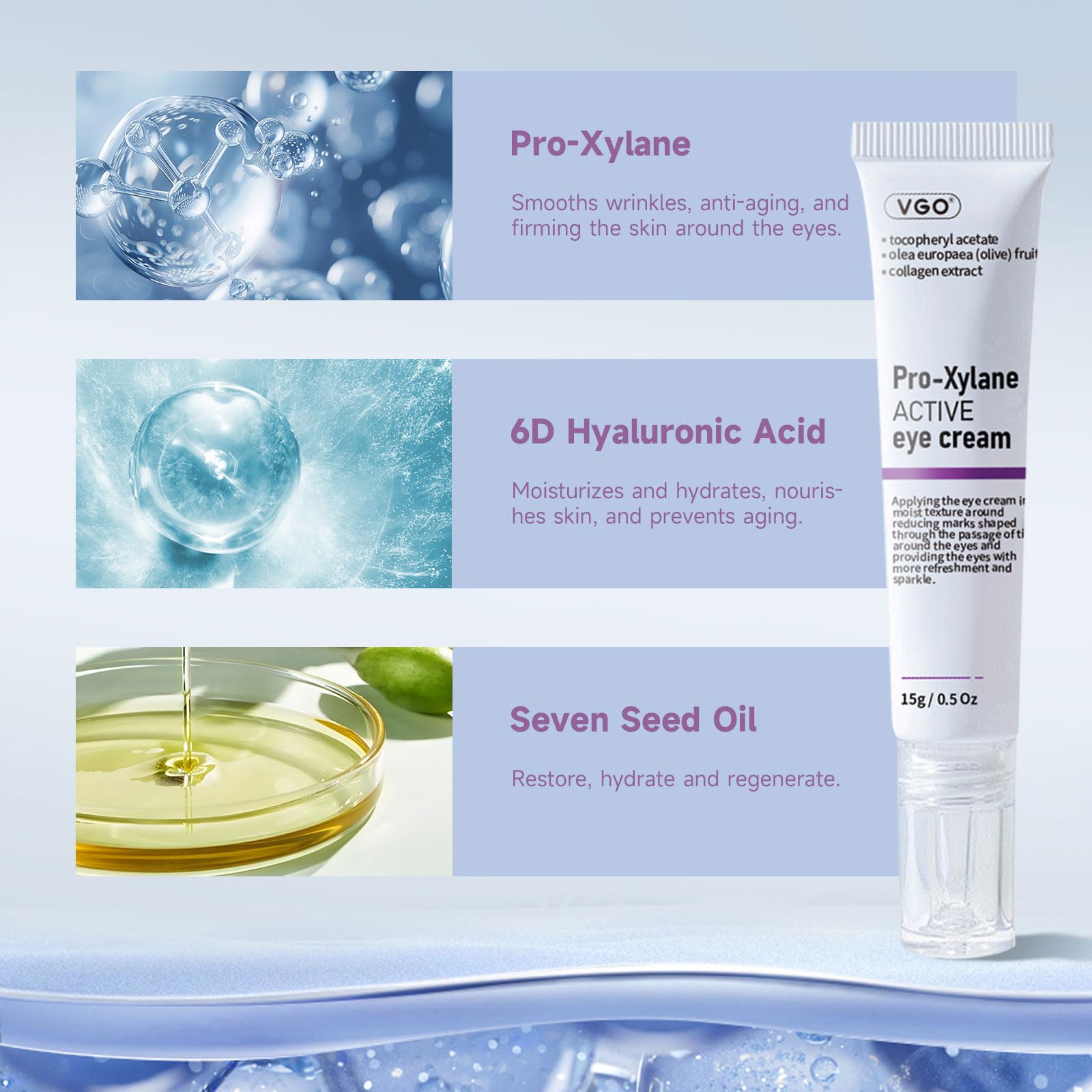 VGO Eye Cream texture close-up reveals light, non-greasy cream ideal for makeup base.