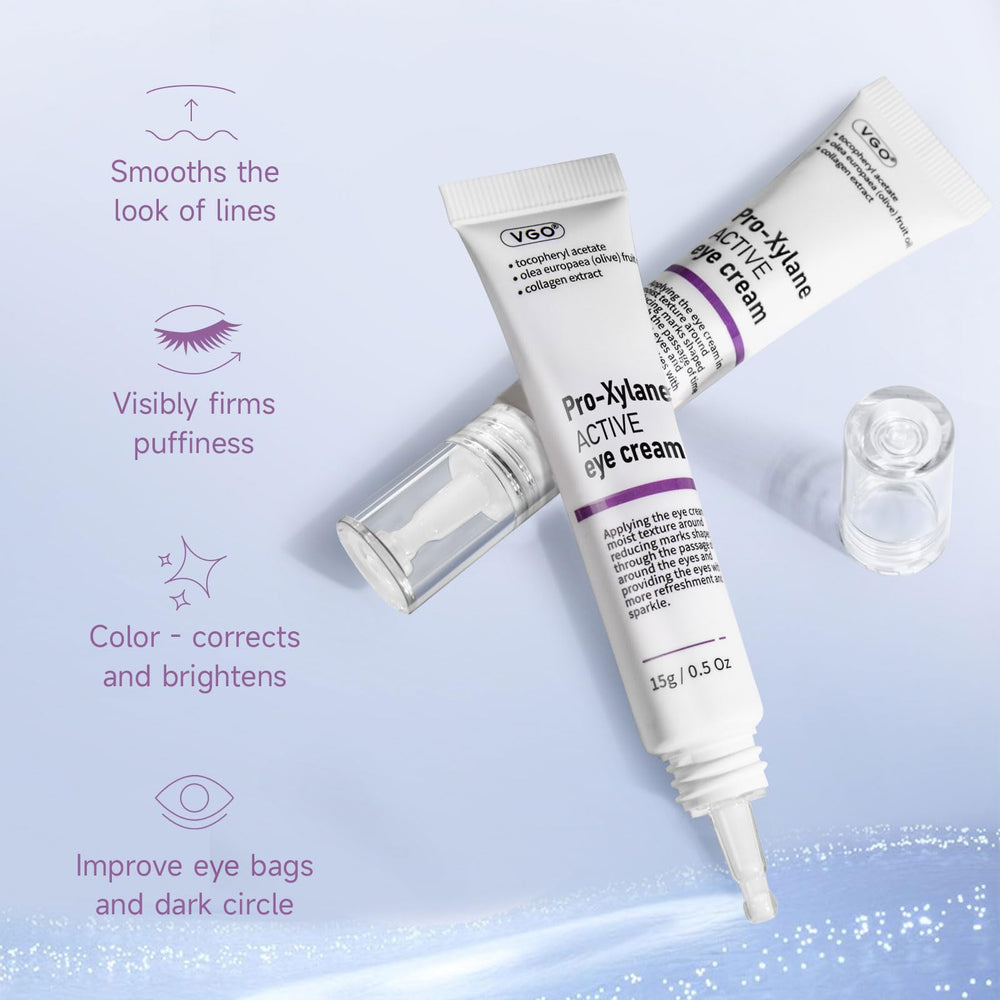 VGO Eye Cream under-eye application demonstrates gentle patting around the eye contour.