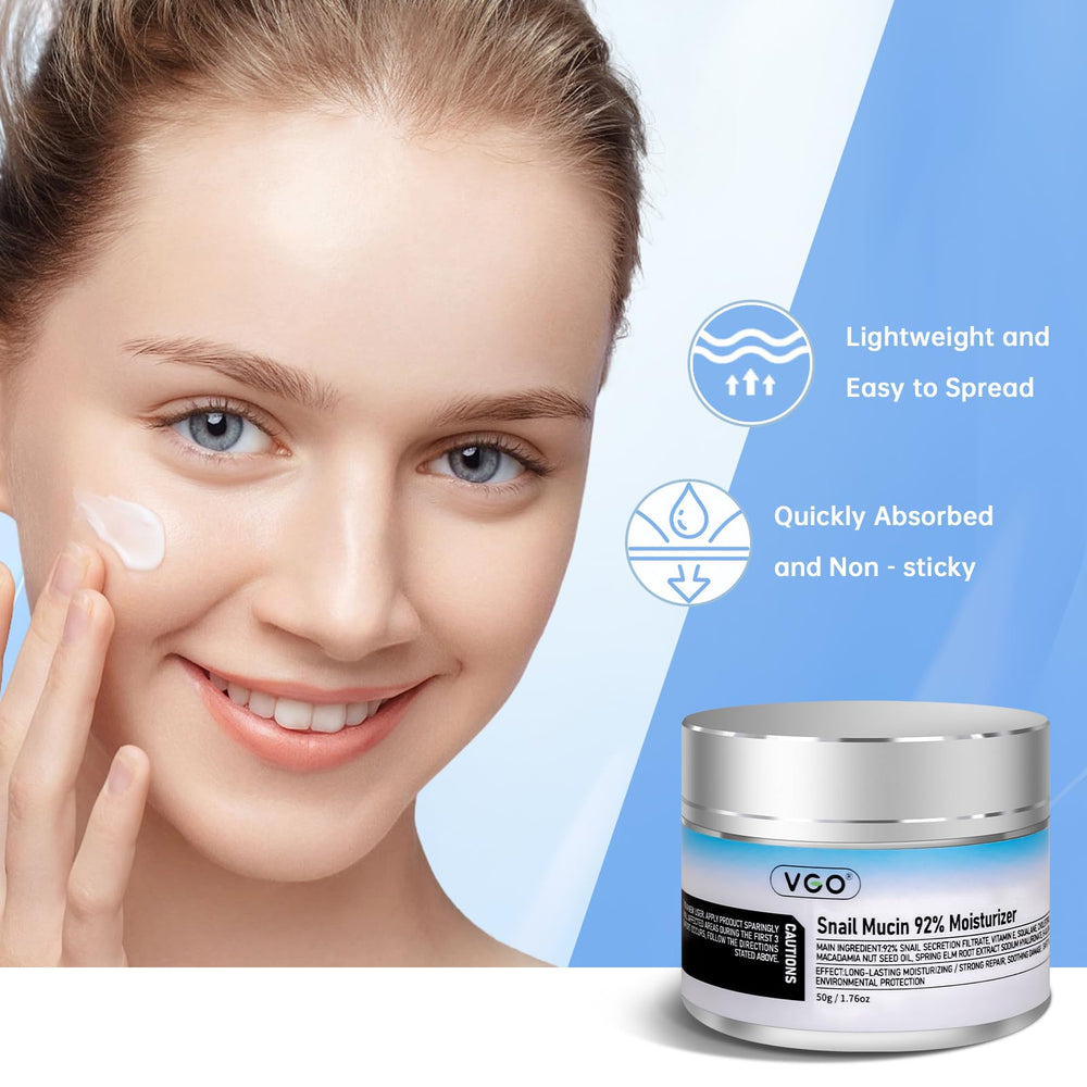 VGO snail mucin cream application slide demonstrates quick absorption and comfortable wear.