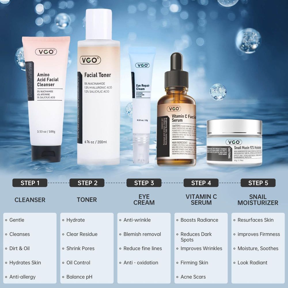 VGO Skin Care Set snail mucin moisturizer emphasizes deep hydration and elasticity.
