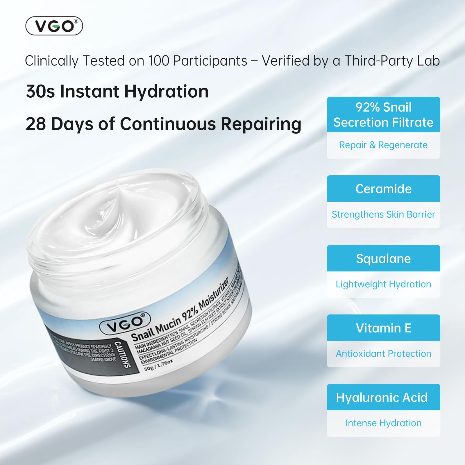 VGO Snail Mucin 92% Moisturizer texture close-up, silky gel that feels hydrating.