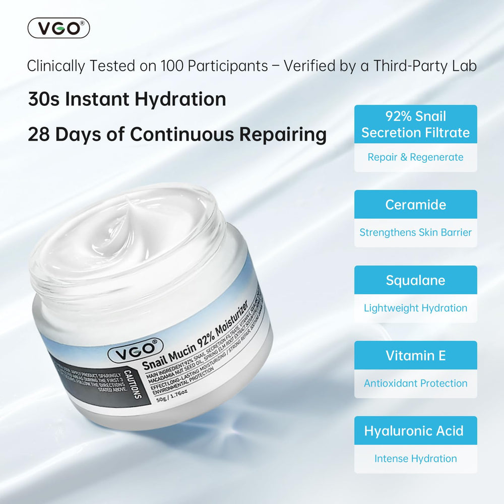 VGO Snail Mucin 92% Moisturizer texture close-up, silky gel that feels hydrating.