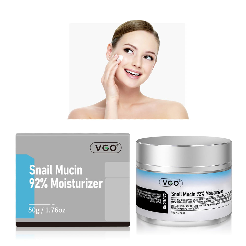 VGO Snail Mucin 92% Moisturizer packaging shows a premium jar for daily hydration.