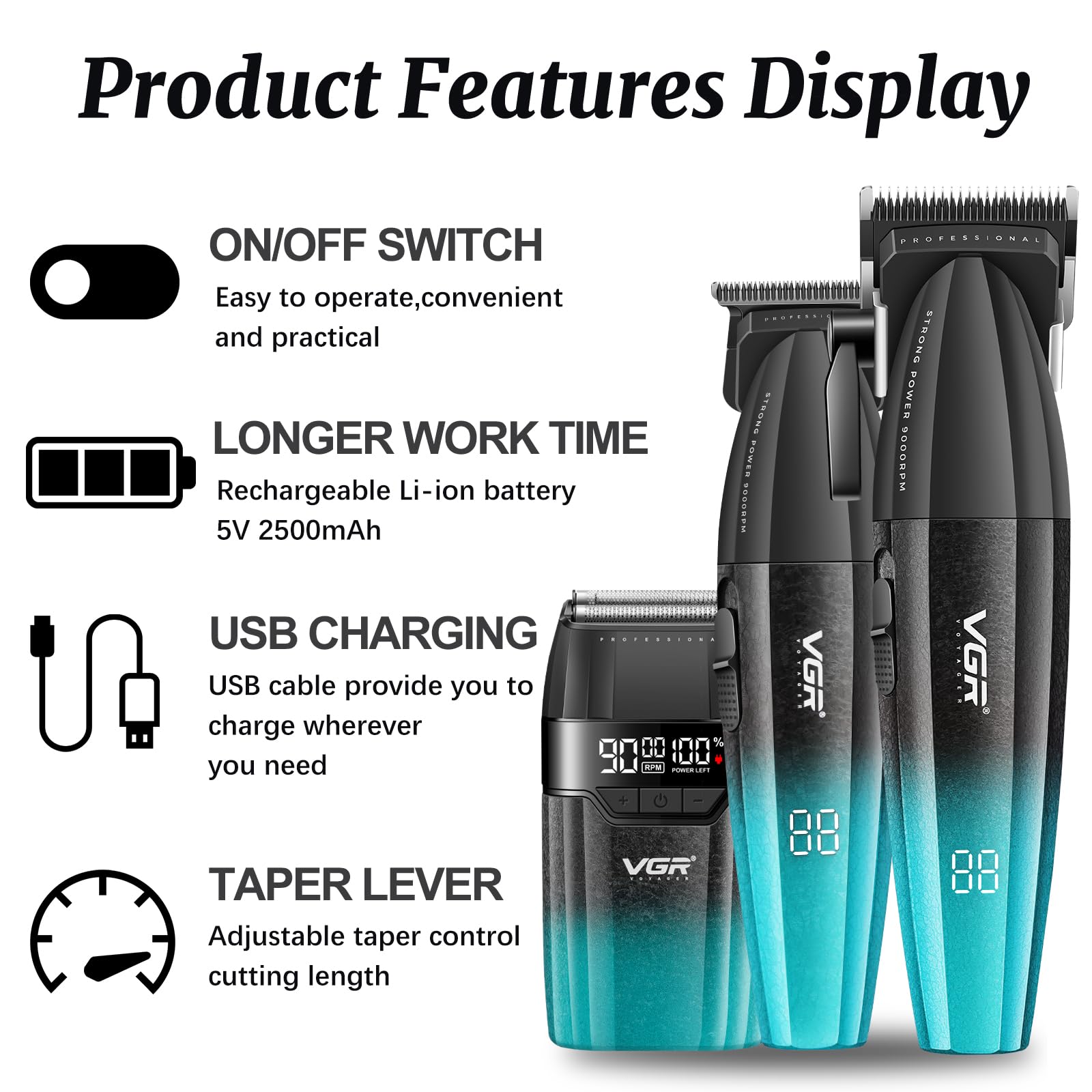 VGR 640S3 DLC T-blade trimmer—precise detailing with sharp lines.