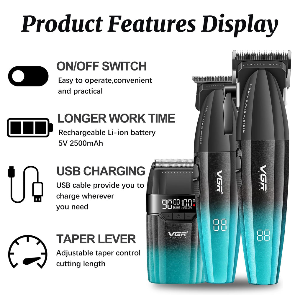 VGR 640S3 DLC T-blade trimmer—precise detailing with sharp lines.