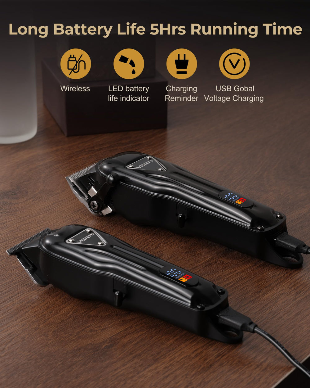 VGRPRO clippers LCD battery display during use for easy power management