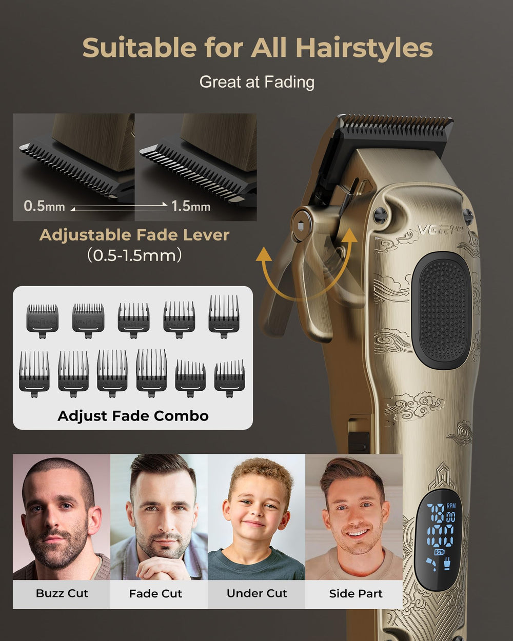 VGRPRO cordless clipper operating at 7000 RPM for smooth cuts