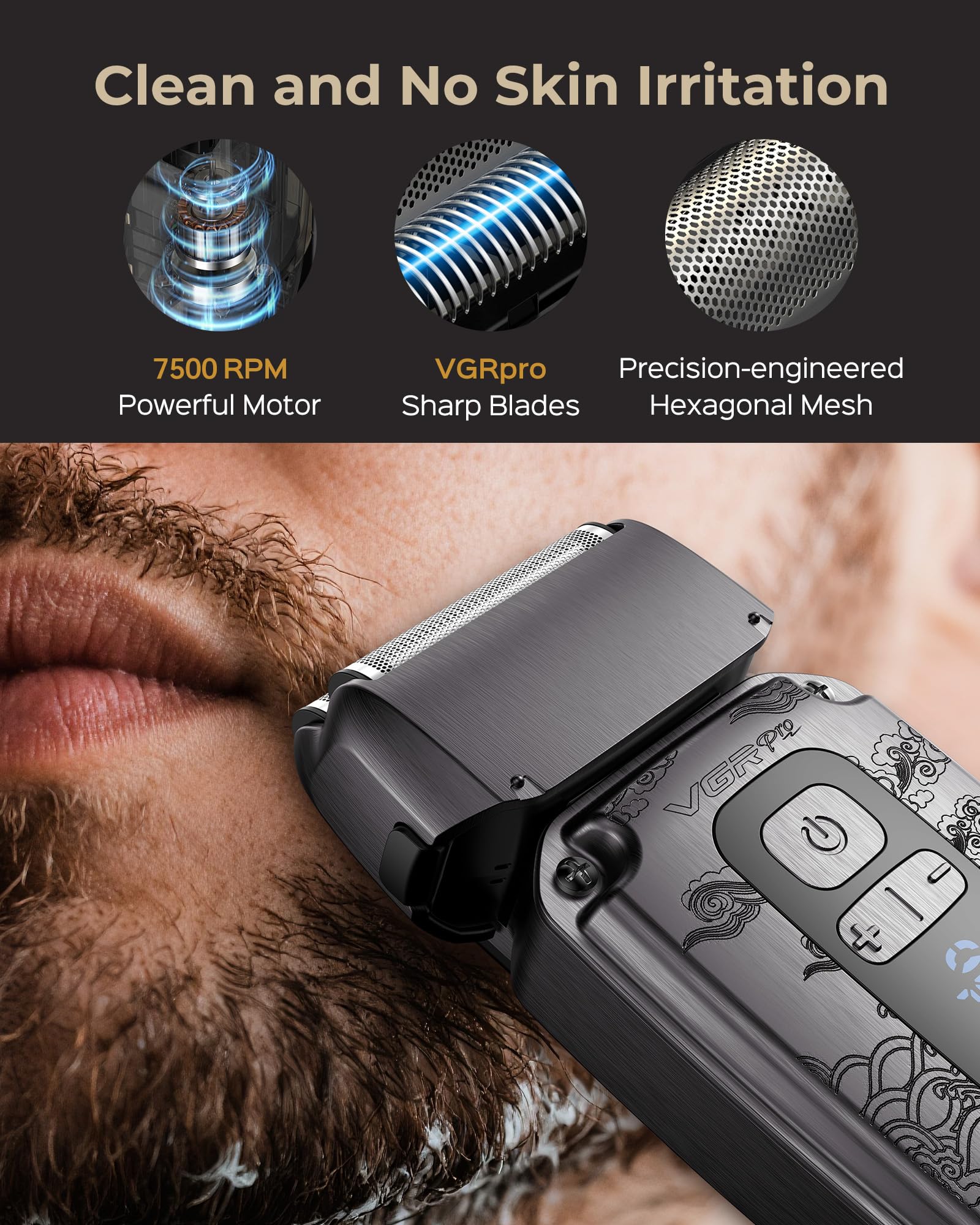 VGRPRO foil shaver with double-floating blades for a smoother close shave