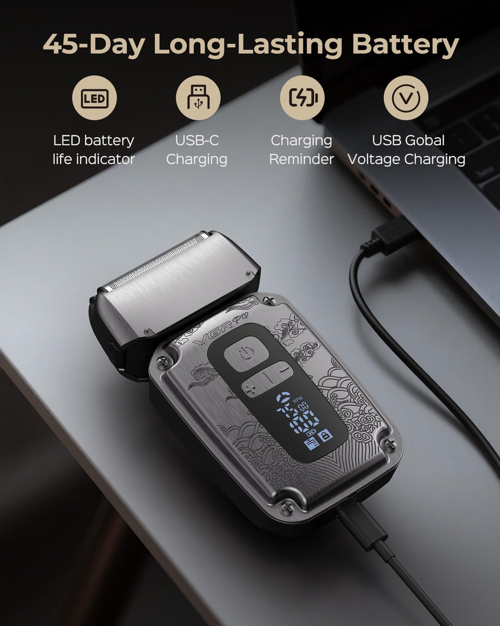 VGRPRO foil shaver LED display shows battery and speed at a glance