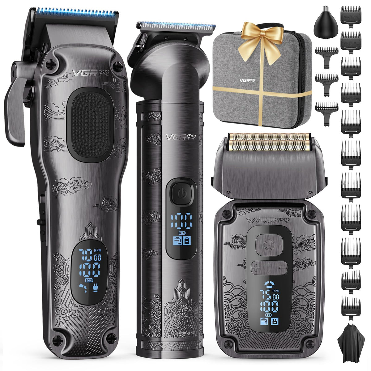 VGRPRO hair clipper kit front view for versatile home barbering and professional use.