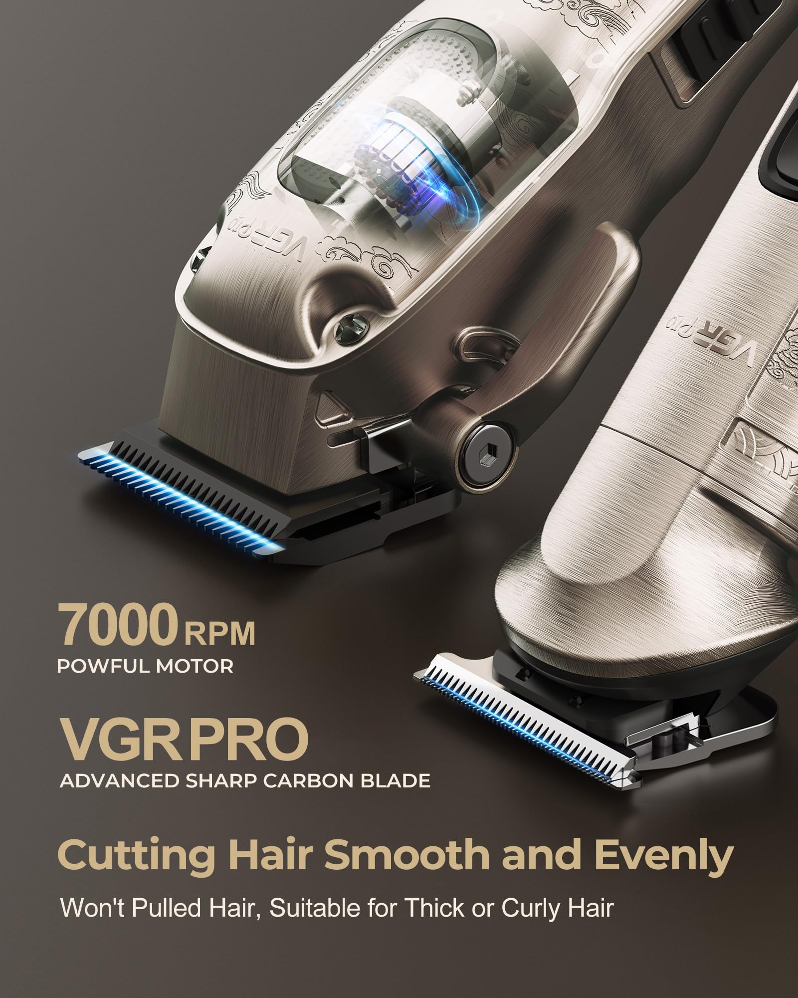 VGRPRO hair clipper blades close-up showing sharp edges for precise cuts.