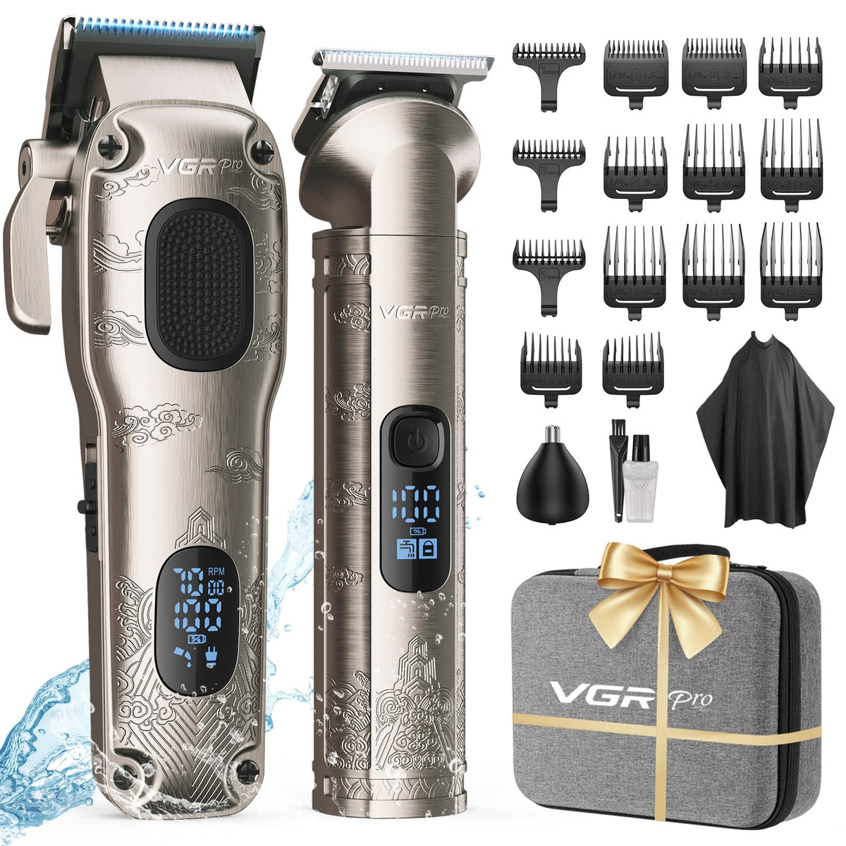 VGRPRO hair clippers set in compact EVA case for easy storage.