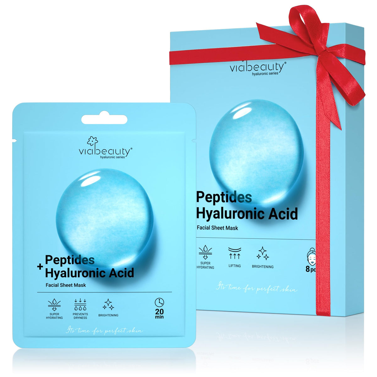 VIABEAUTY hyaluronic acid mask 8-pack packaging for at-home hydration.