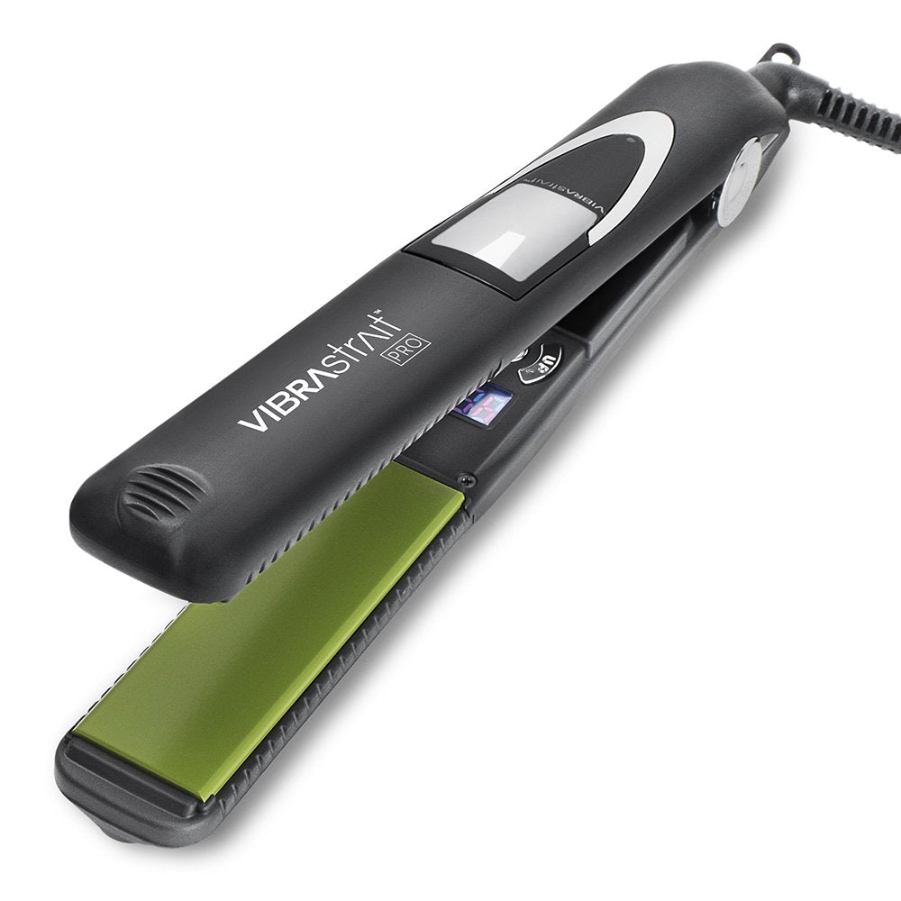 VIBRAstrait Pro vibrating flat iron front view with precise temperature control for silky styling.