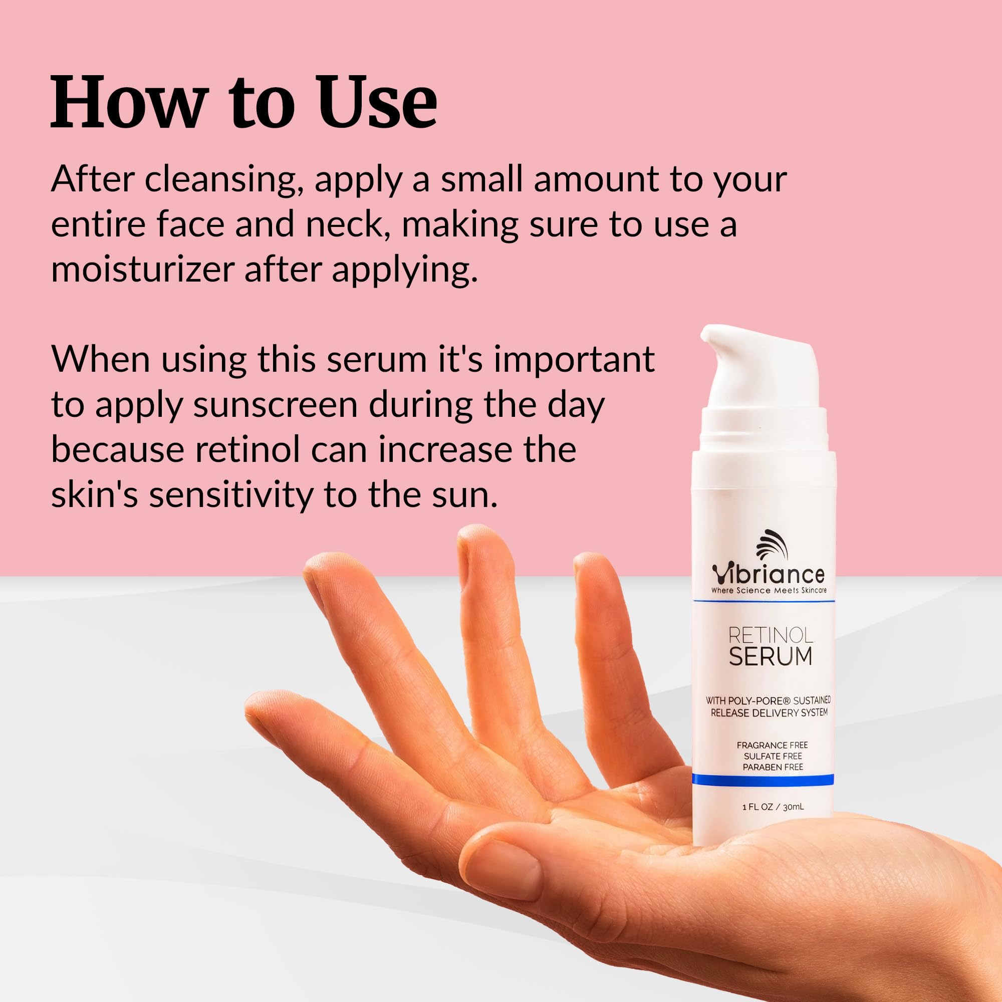 Vibriance Retinol Serum ingredients label emphasizes antioxidants and clean formula.