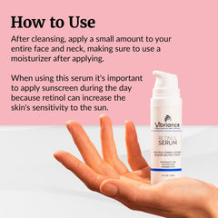 Vibriance Retinol Serum ingredients label emphasizes antioxidants and clean formula.