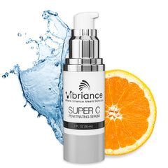 Vibriance Super C Serum bottle close-up highlighting hydration and anti-aging benefits.
