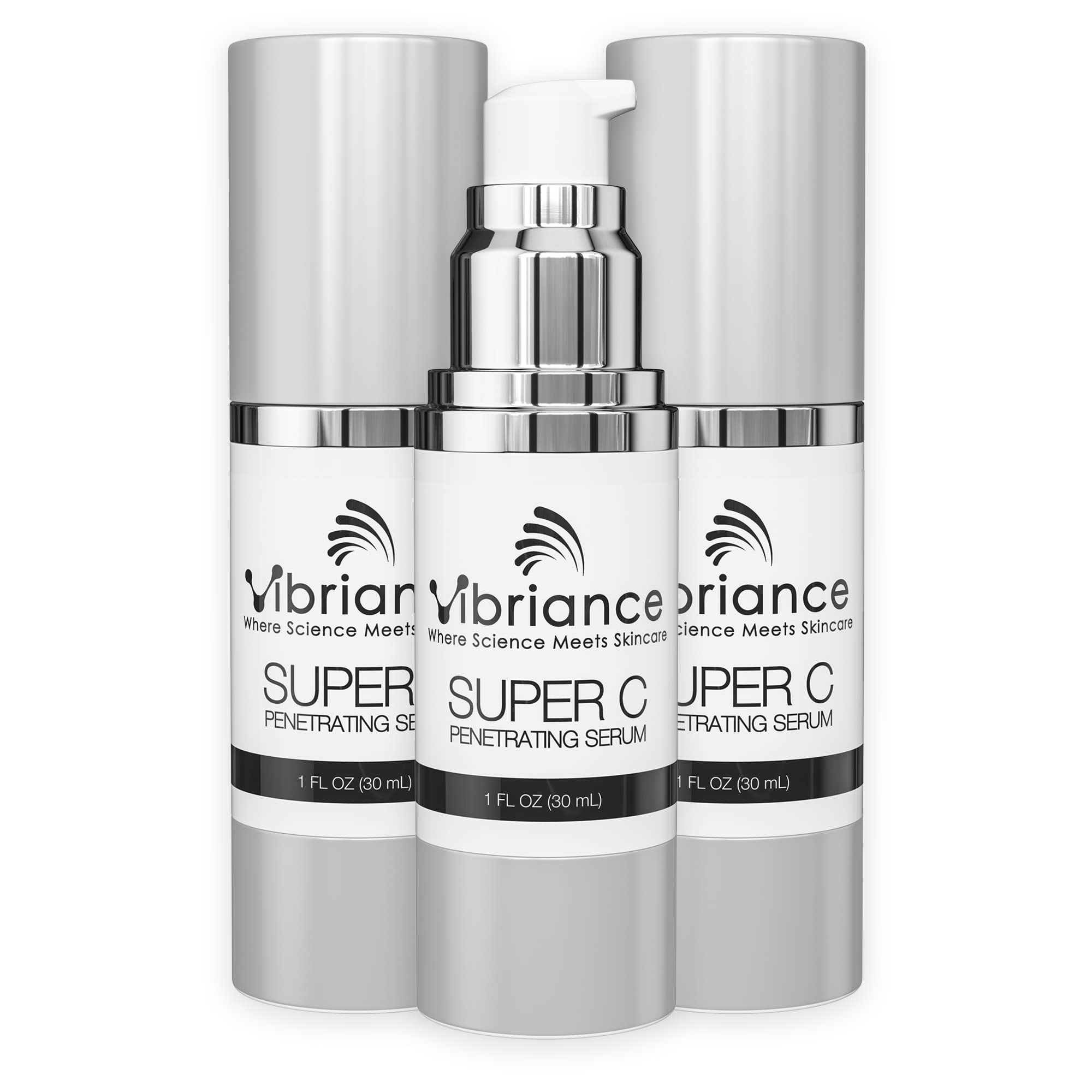 Vibriance Super C Serum bottle closeup showing premium packaging for hydration.